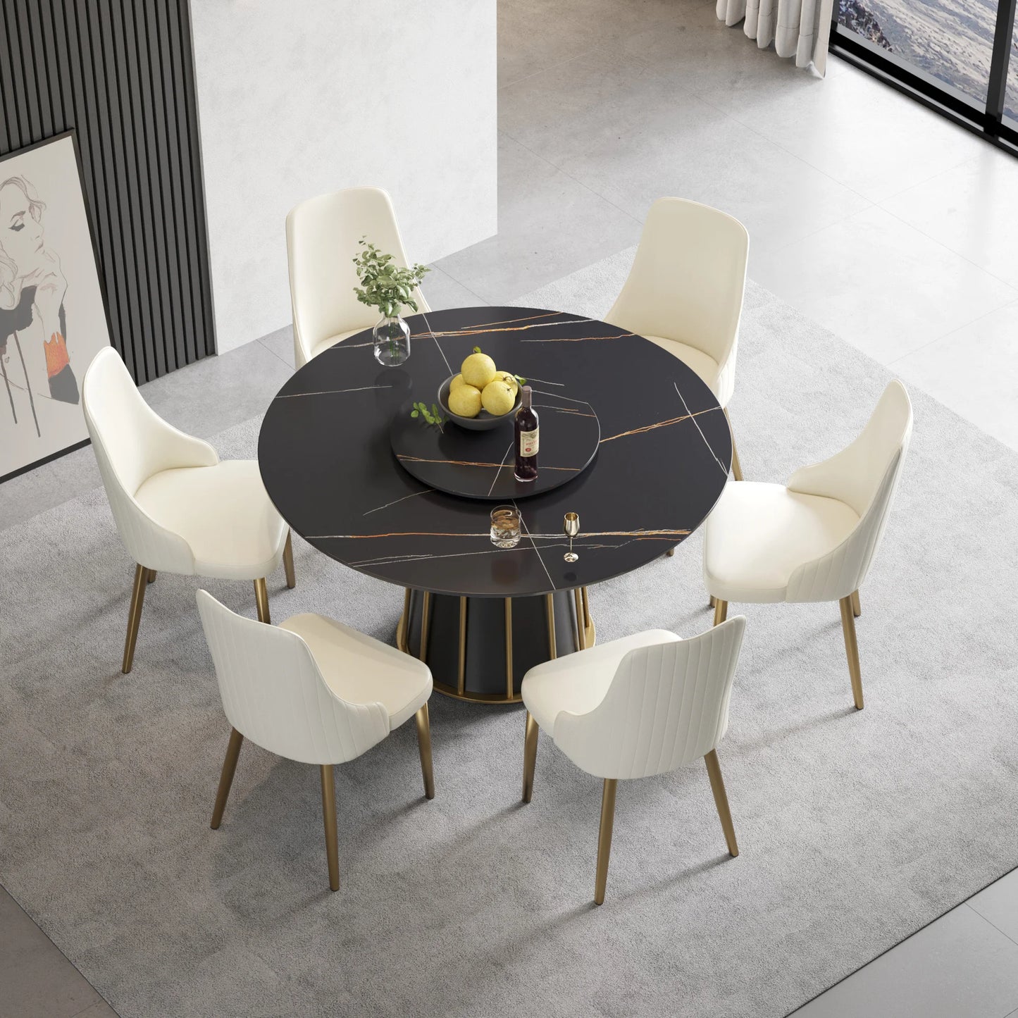 Marbella Sintered Stone Dining Table | 53" Matte Black Round With Lazy Susan Turntable