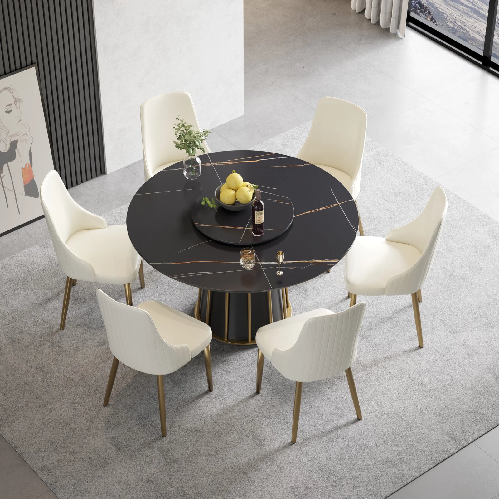 Mesa de comedor Marbella de piedra sinterizada | Redonda de 135 cm (53") en negro mate con plato giratorio Lazy Susan