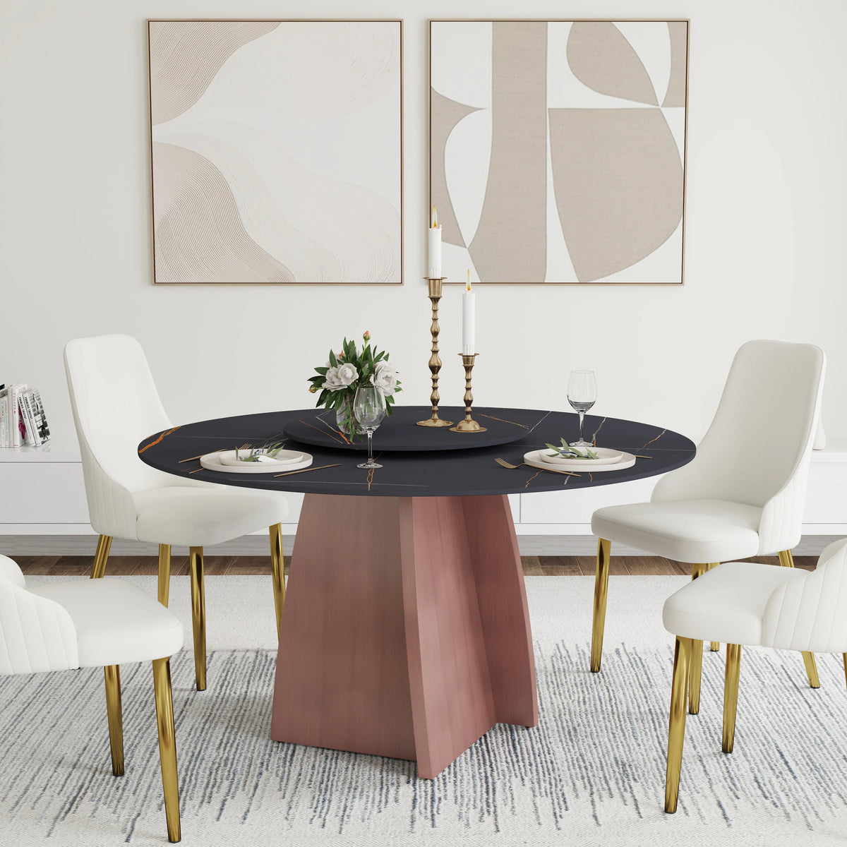Marbella Sintered Stone Dining Table | 53" Matte Black Round With Lazy Susan Turntable