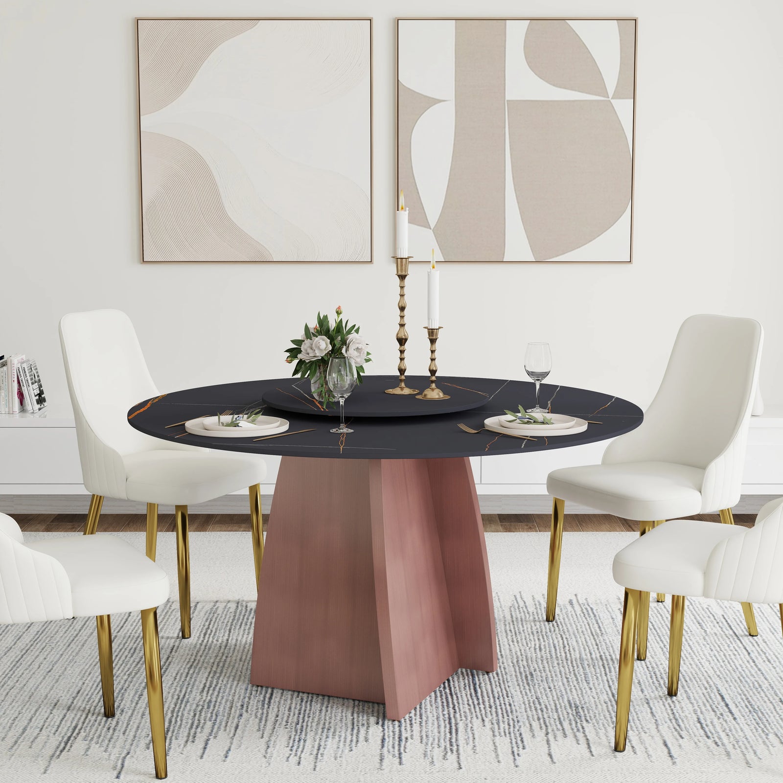 Mesa de comedor Marbella de piedra sinterizada | Redonda de 135 cm (53") en negro mate con plato giratorio Lazy Susan