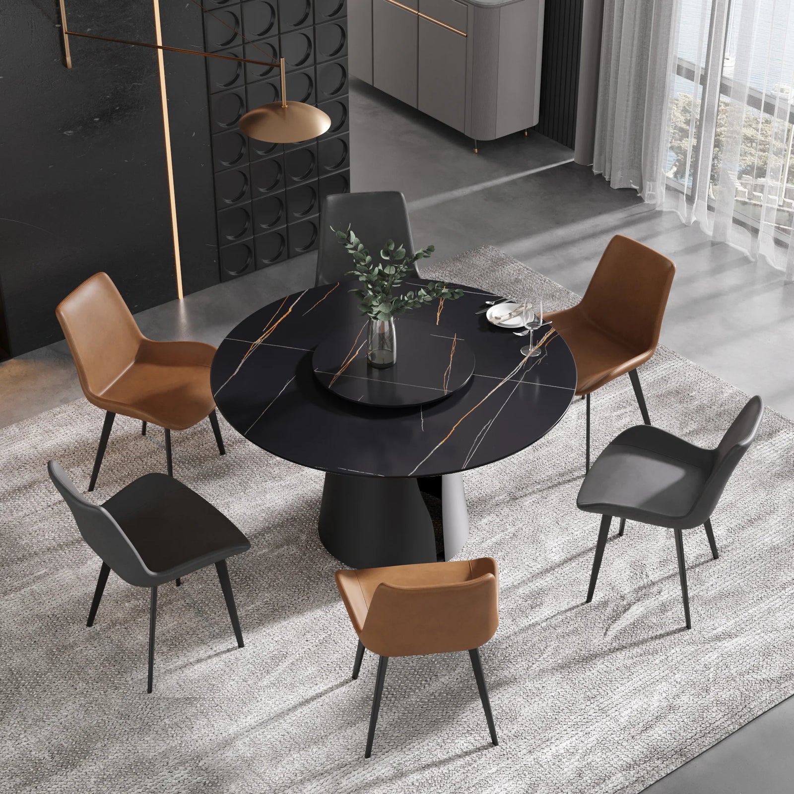 Marbella Sintered Stone Dining Table | 53" Matte Black Round With Lazy Susan Turntable