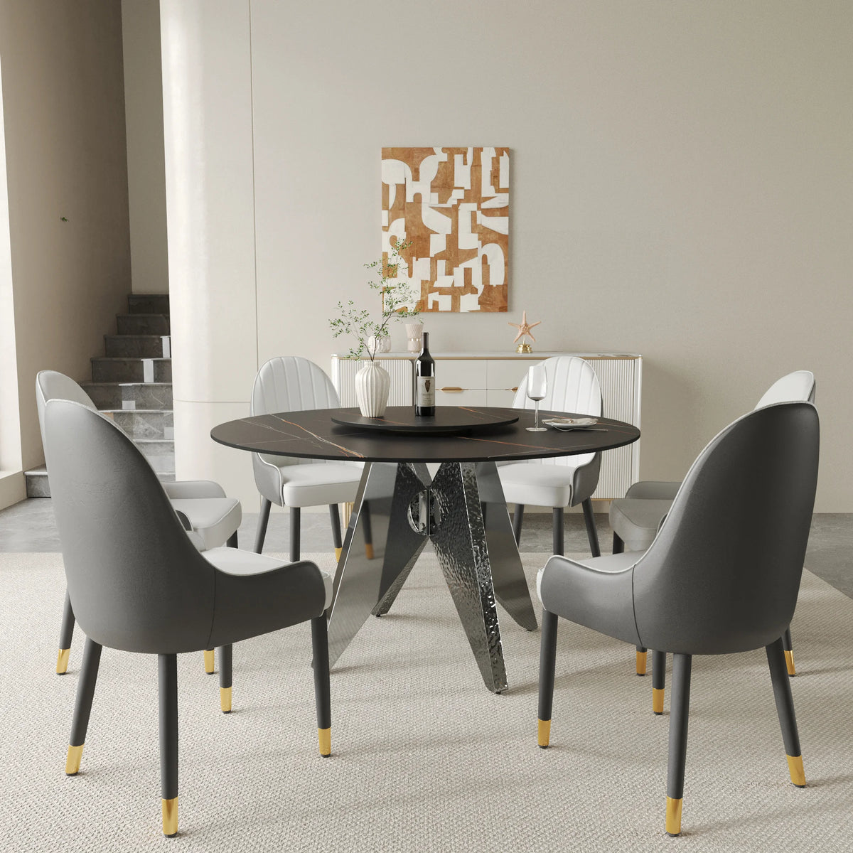 Marbella Sintered Stone Dining Table | 53" Matte Black Round With Lazy Susan Turntable