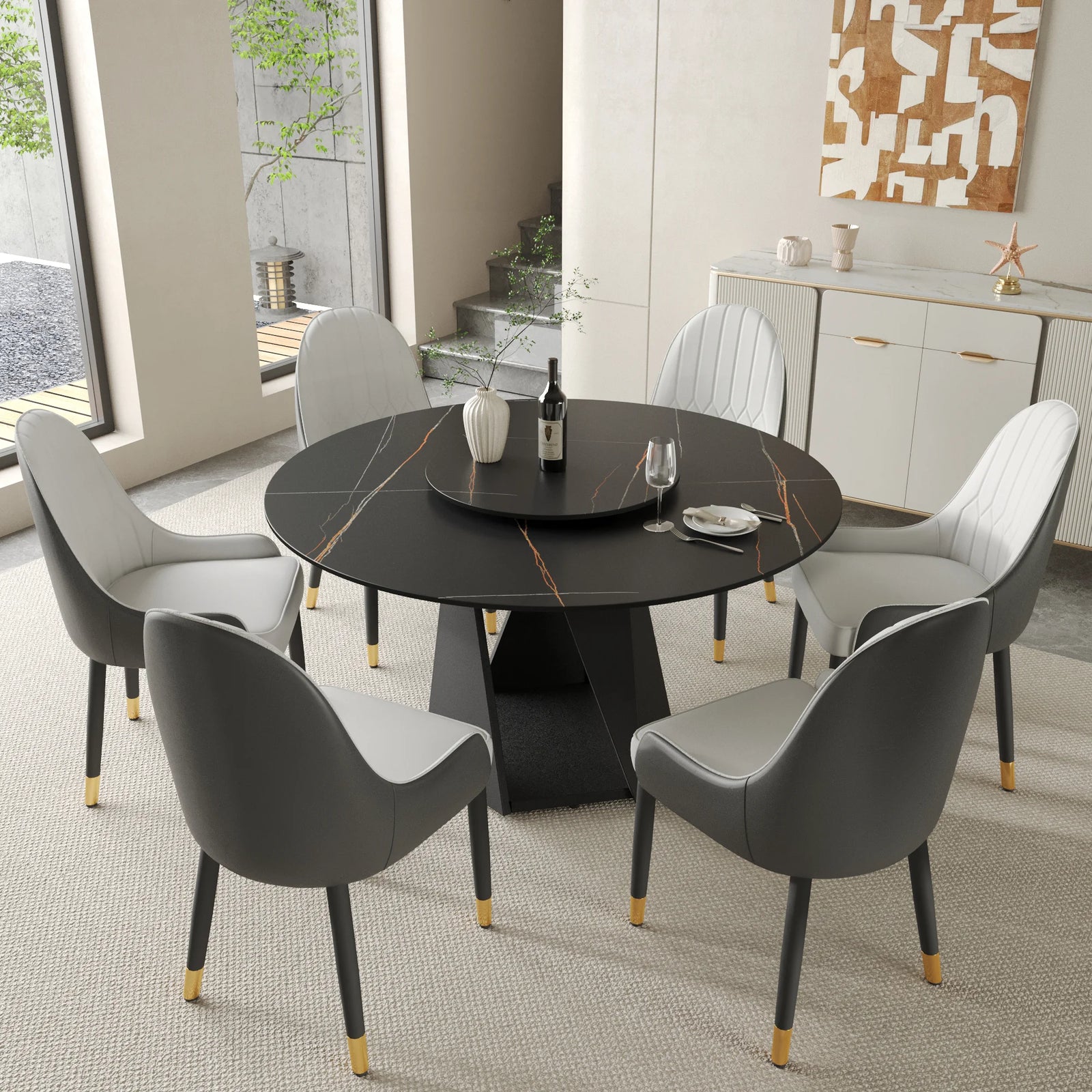 Mesa de comedor Marbella de piedra sinterizada | Redonda de 135 cm (53") en negro mate con plato giratorio Lazy Susan