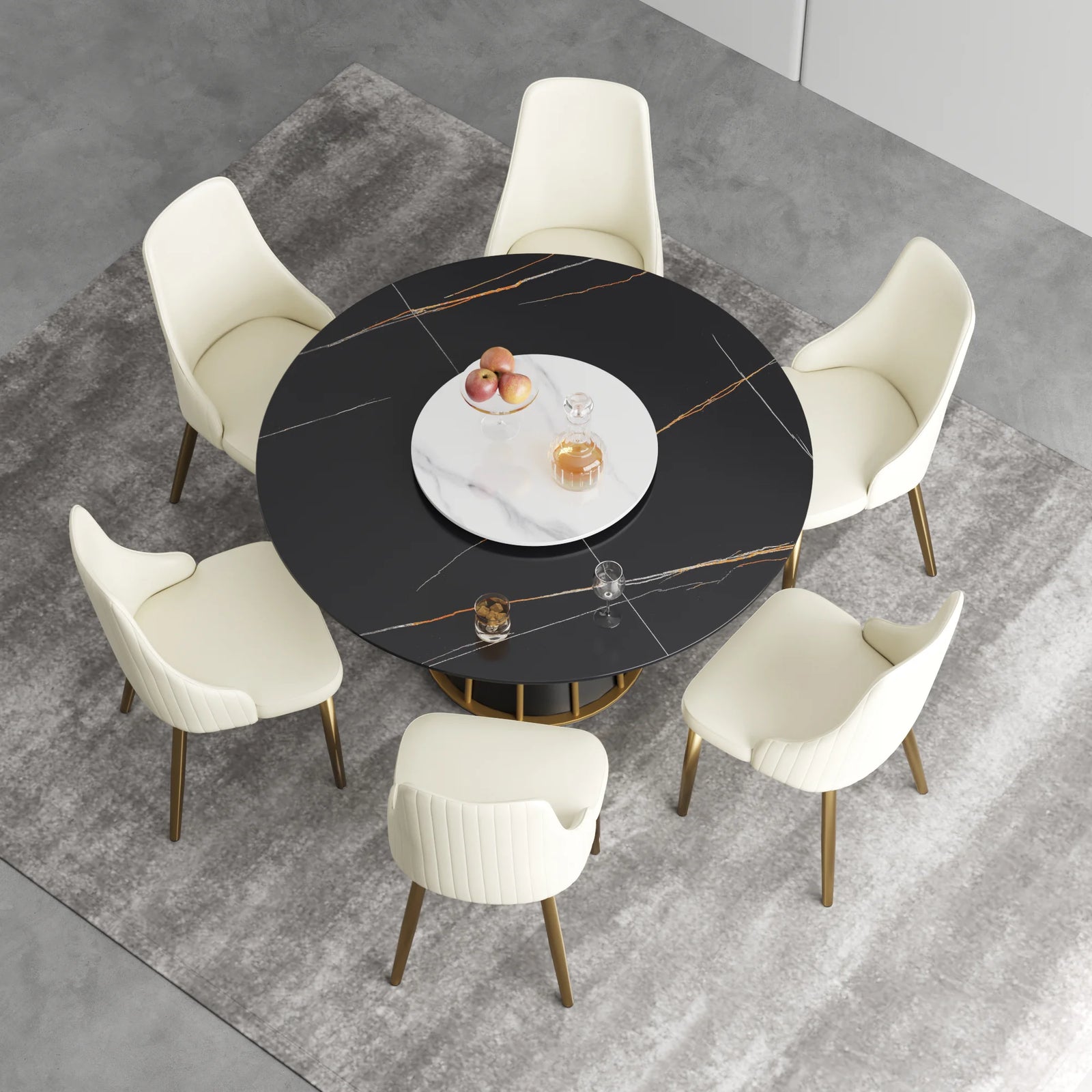 Mesa de comedor Marbella de piedra sinterizada | Redonda de 135 cm (53") en negro mate con plato giratorio Lazy Susan
