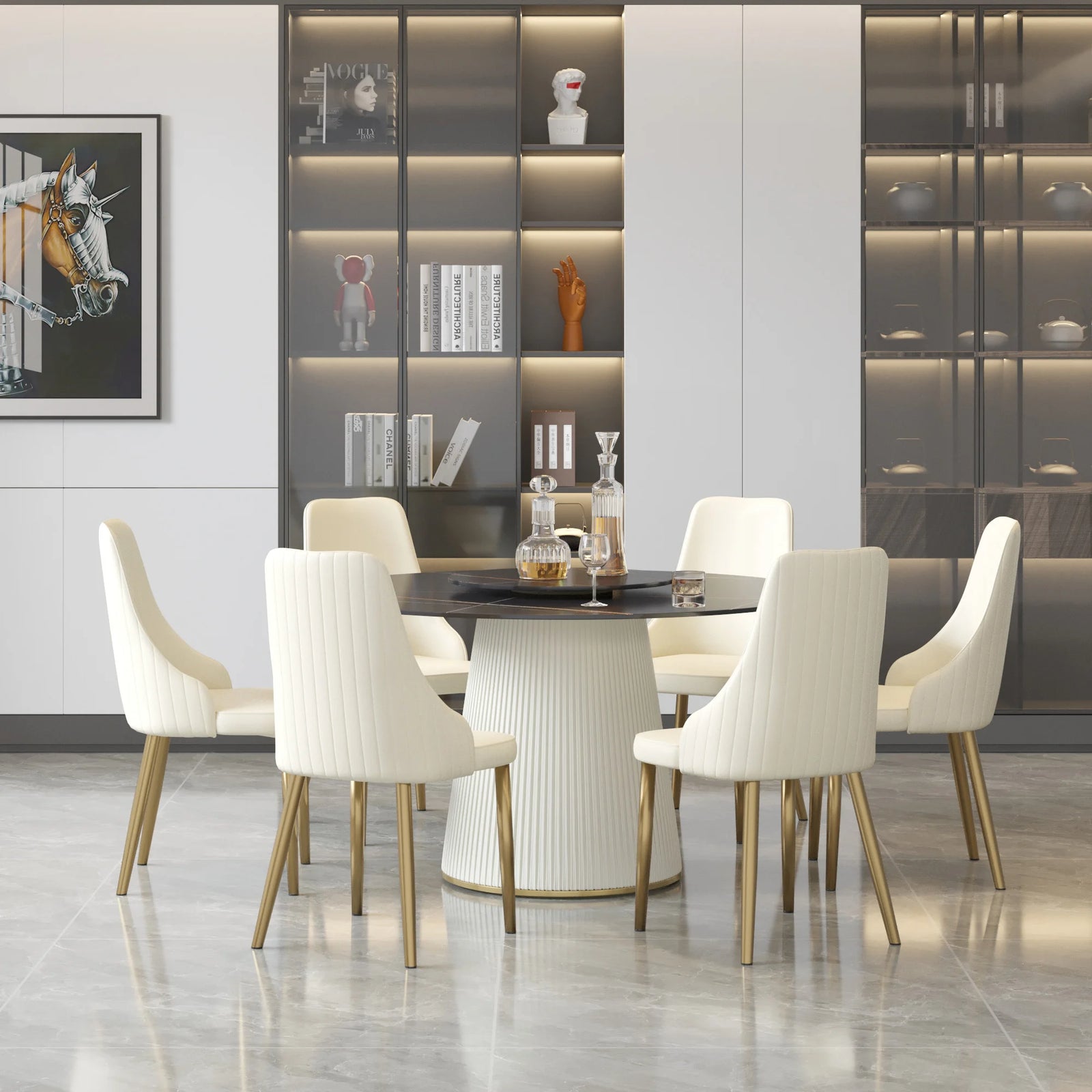 Marbella Sintered Stone Dining Table | 53" Matte Black Round With Lazy Susan Turntable