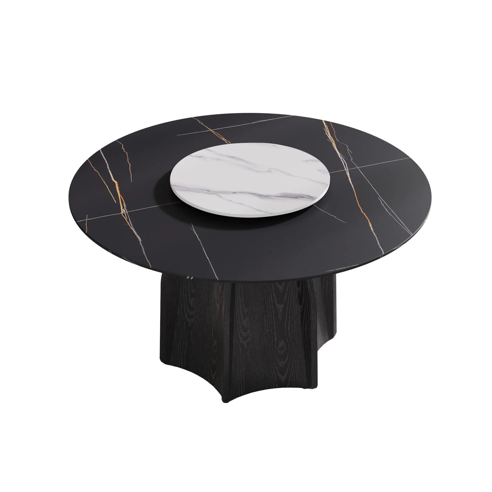 Mesa de comedor Marbella de piedra sinterizada | Redonda de 135 cm (53") en negro mate con plato giratorio Lazy Susan