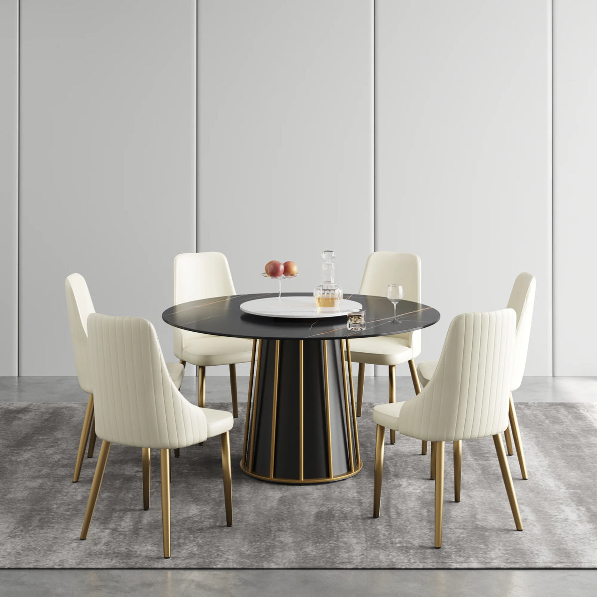 Marbella Sintered Stone Dining Table | 53" Matte Black Round With Lazy Susan Turntable