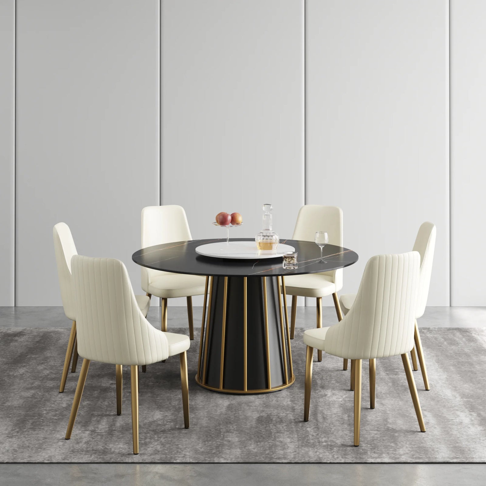 Mesa de comedor Marbella de piedra sinterizada | Redonda de 135 cm (53") en negro mate con plato giratorio Lazy Susan