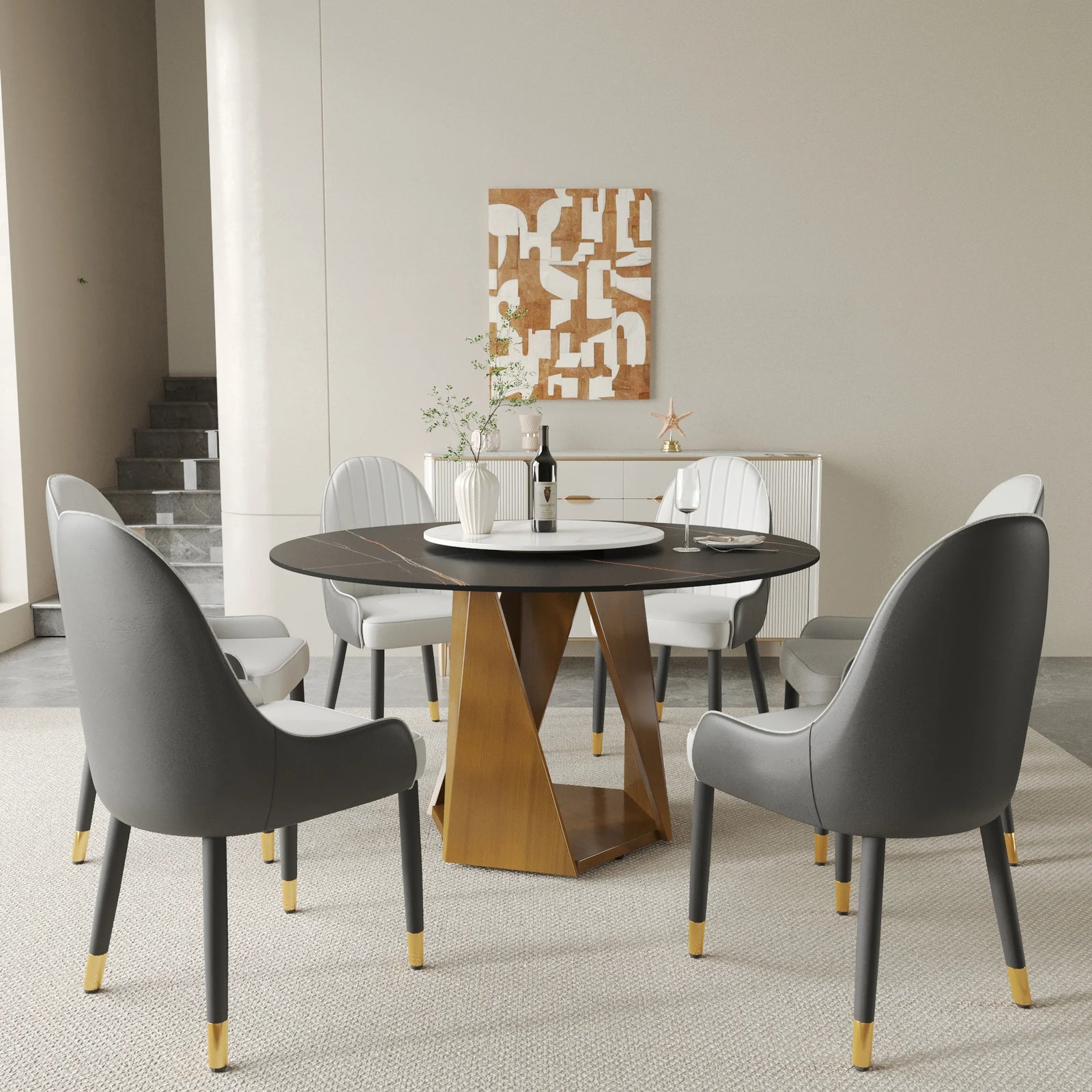 Mesa de comedor Marbella de piedra sinterizada | Redonda de 135 cm (53") en negro mate con plato giratorio Lazy Susan