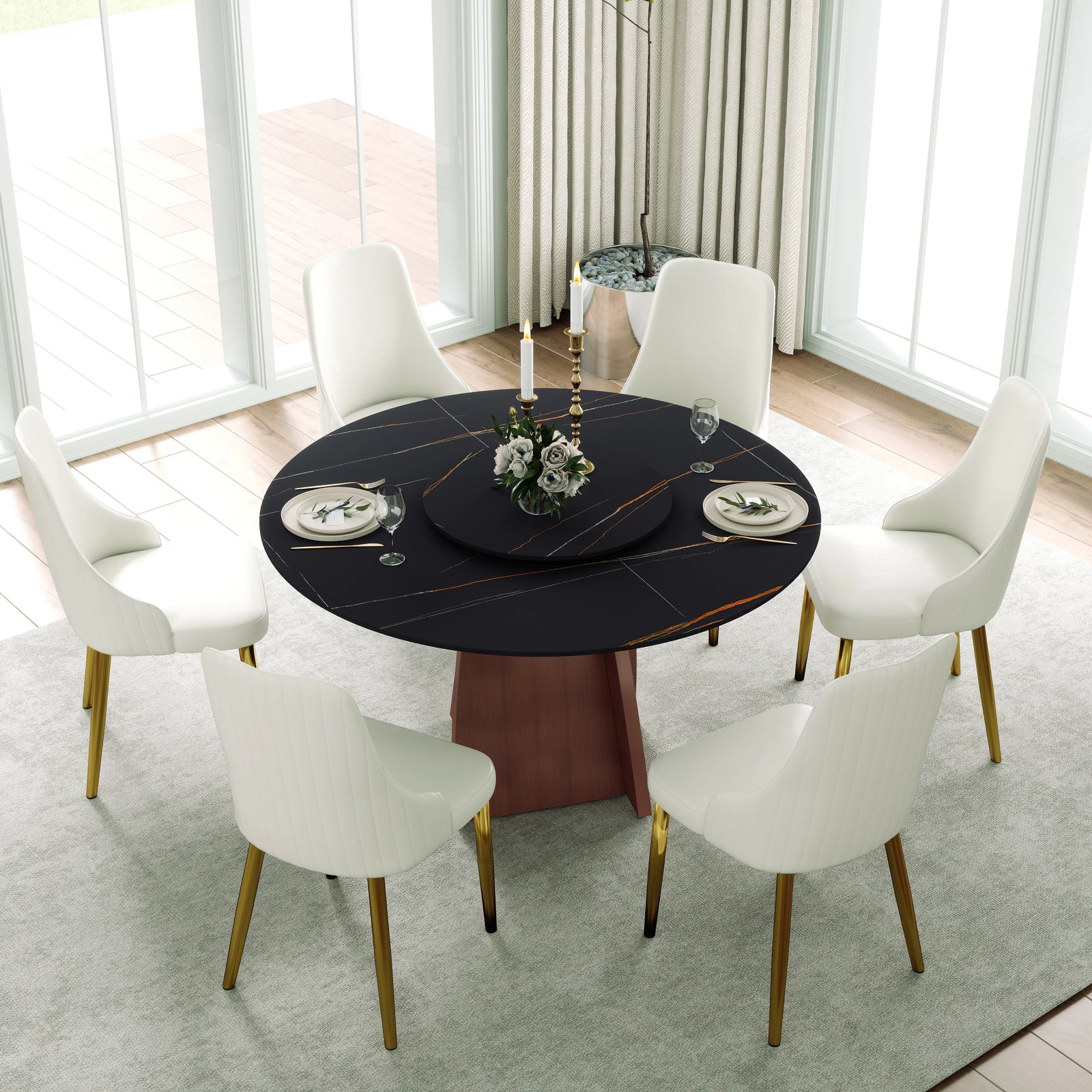 Mesa de comedor Marbella de piedra sinterizada | Redonda de 135 cm (53") en negro mate con plato giratorio Lazy Susan