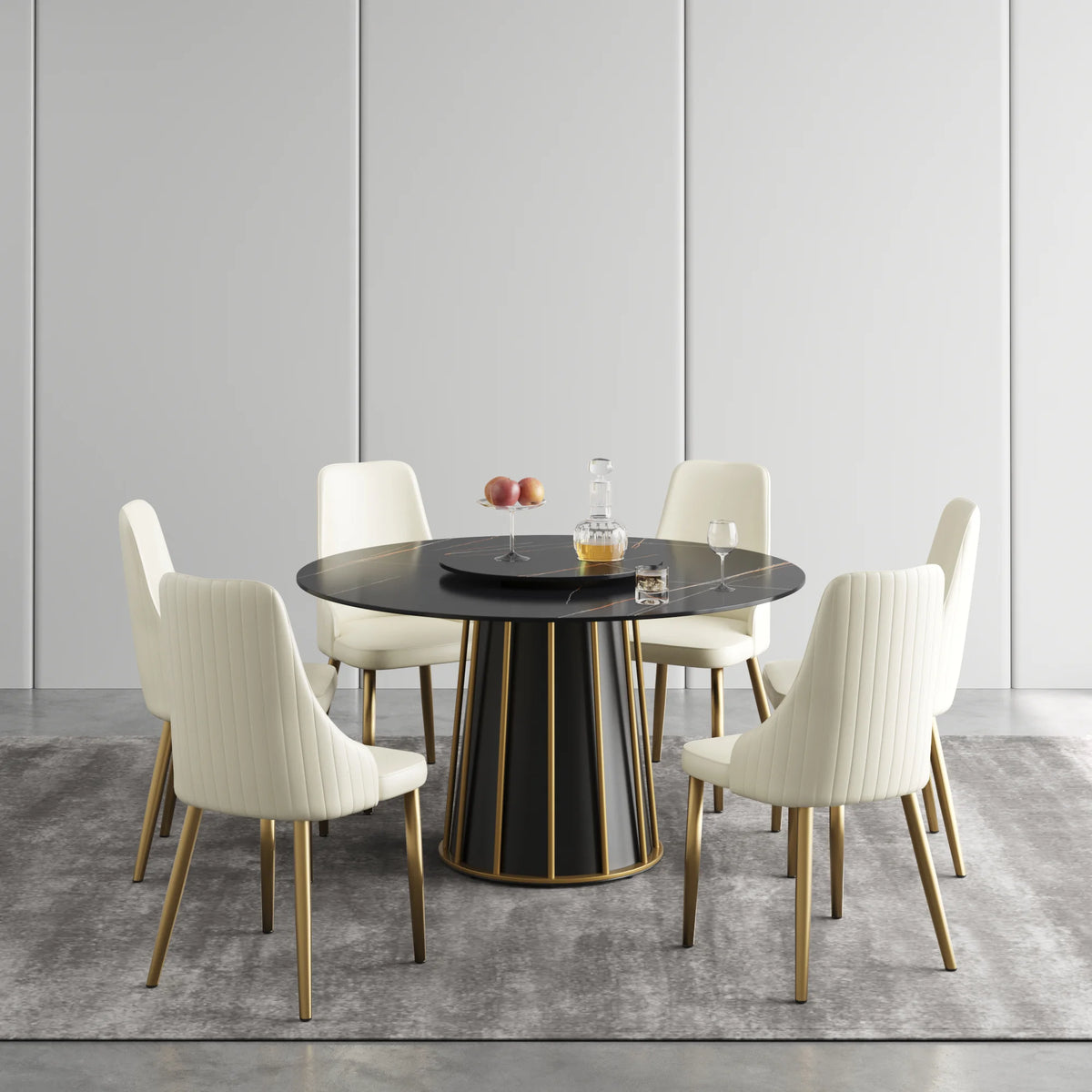Marbella Sintered Stone Dining Table | 53" Matte Black Round With Lazy Susan Turntable