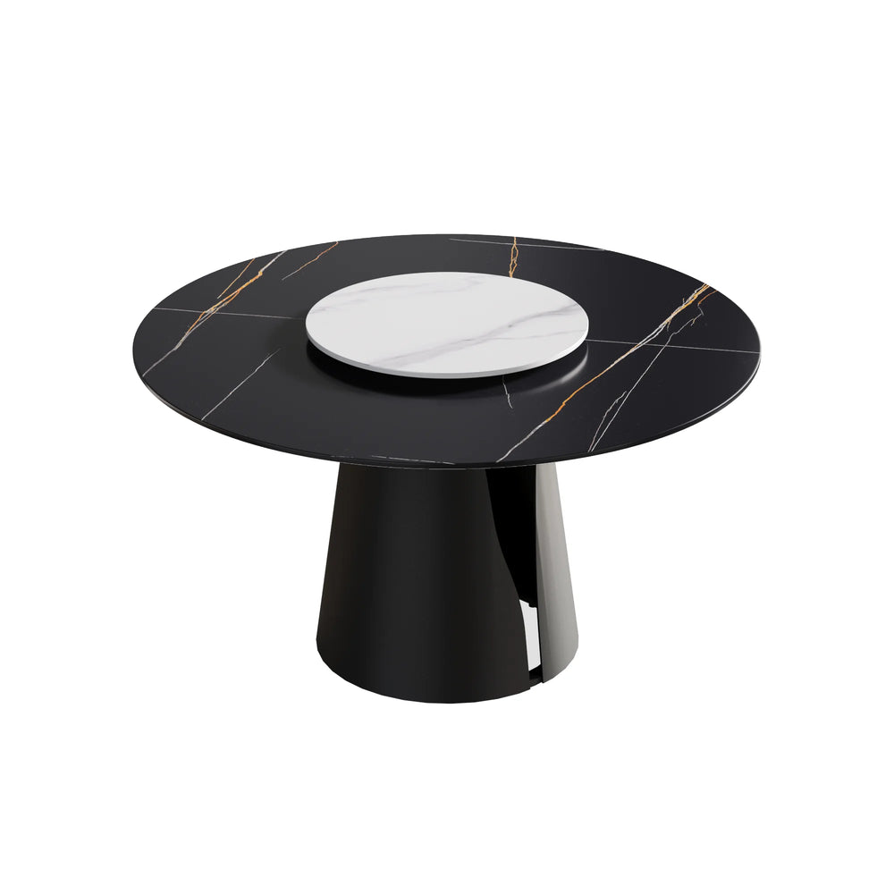 Marbella Sintered Stone Dining Table | 53" Matte Black Round With Lazy Susan Turntable