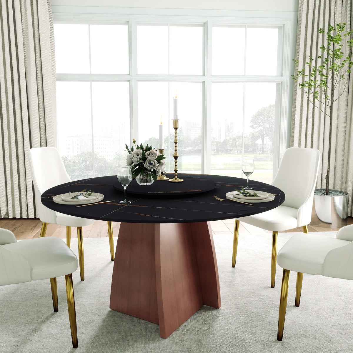 Marbella Sintered Stone Dining Table | 53" Matte Black Round With Lazy Susan Turntable