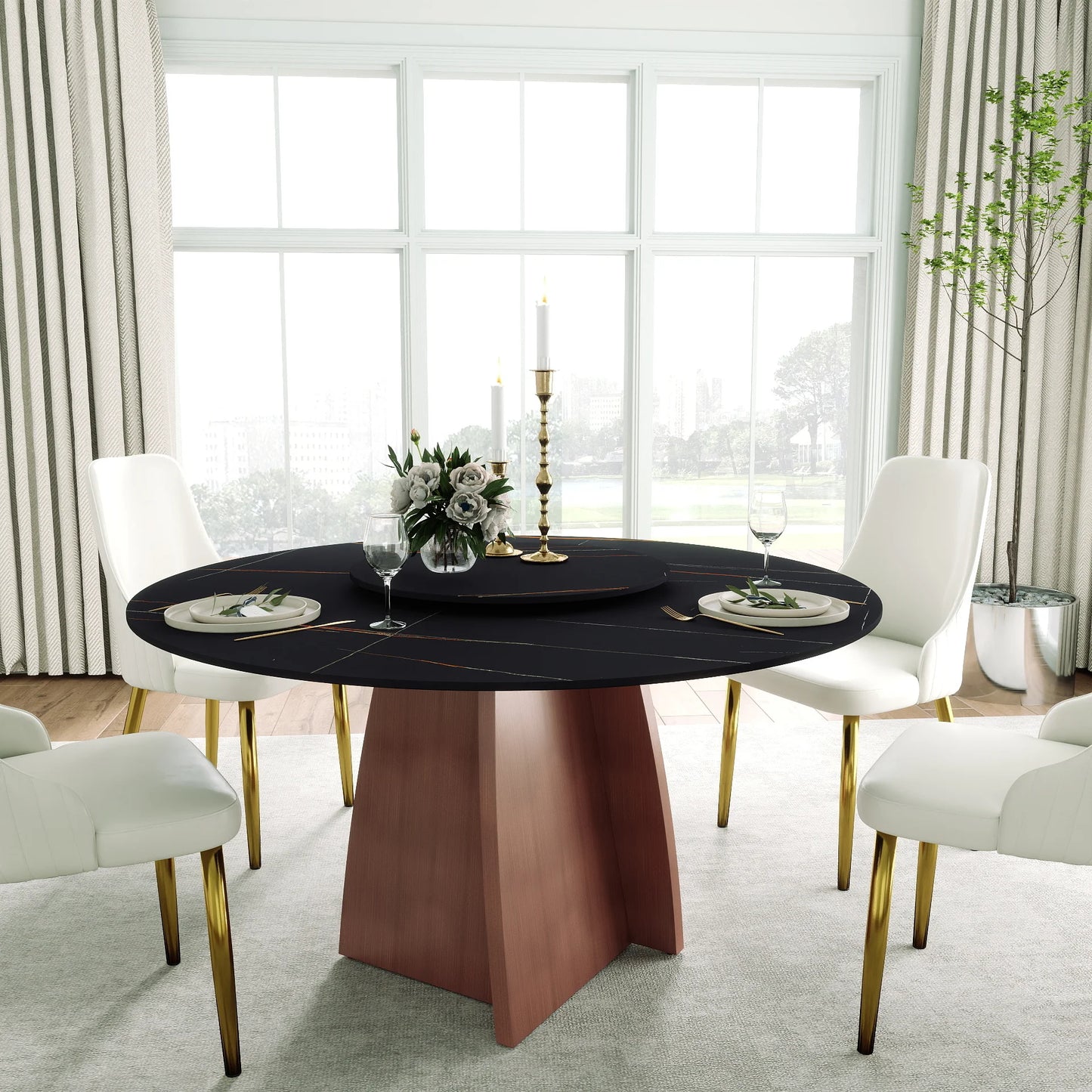 Marbella Sintered Stone Dining Table | 53" Matte Black Round With Lazy Susan Turntable