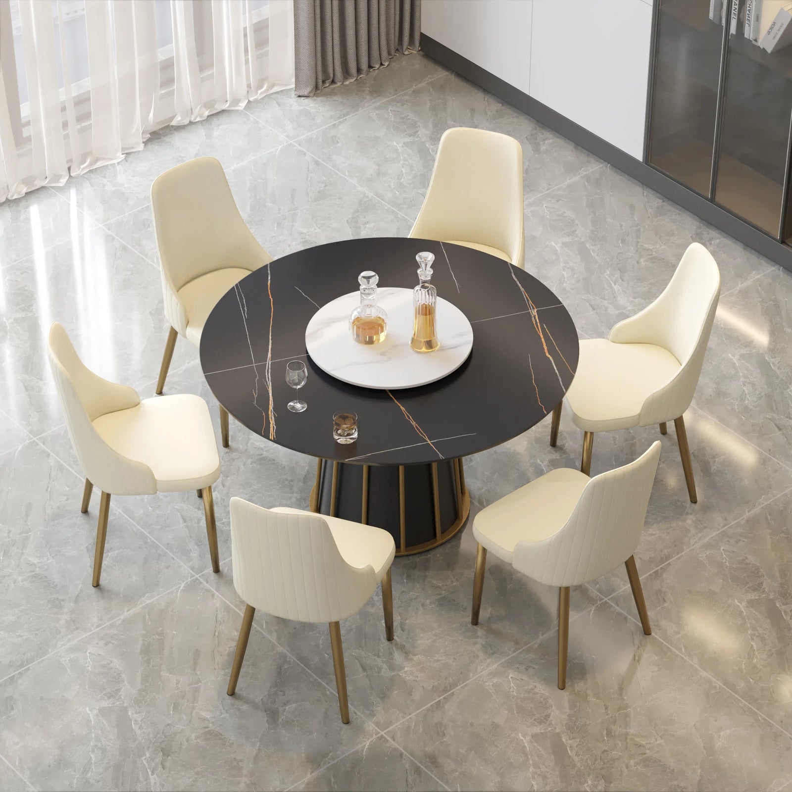 Mesa de comedor Marbella de piedra sinterizada | Redonda de 135 cm (53") en negro mate con plato giratorio Lazy Susan