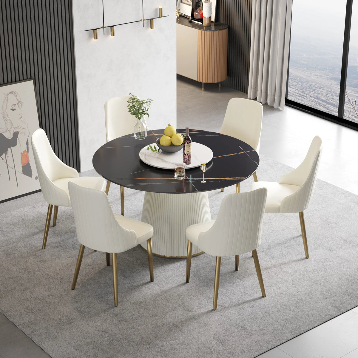 Marbella Sintered Stone Dining Table | 53" Matte Black Round With Lazy Susan Turntable