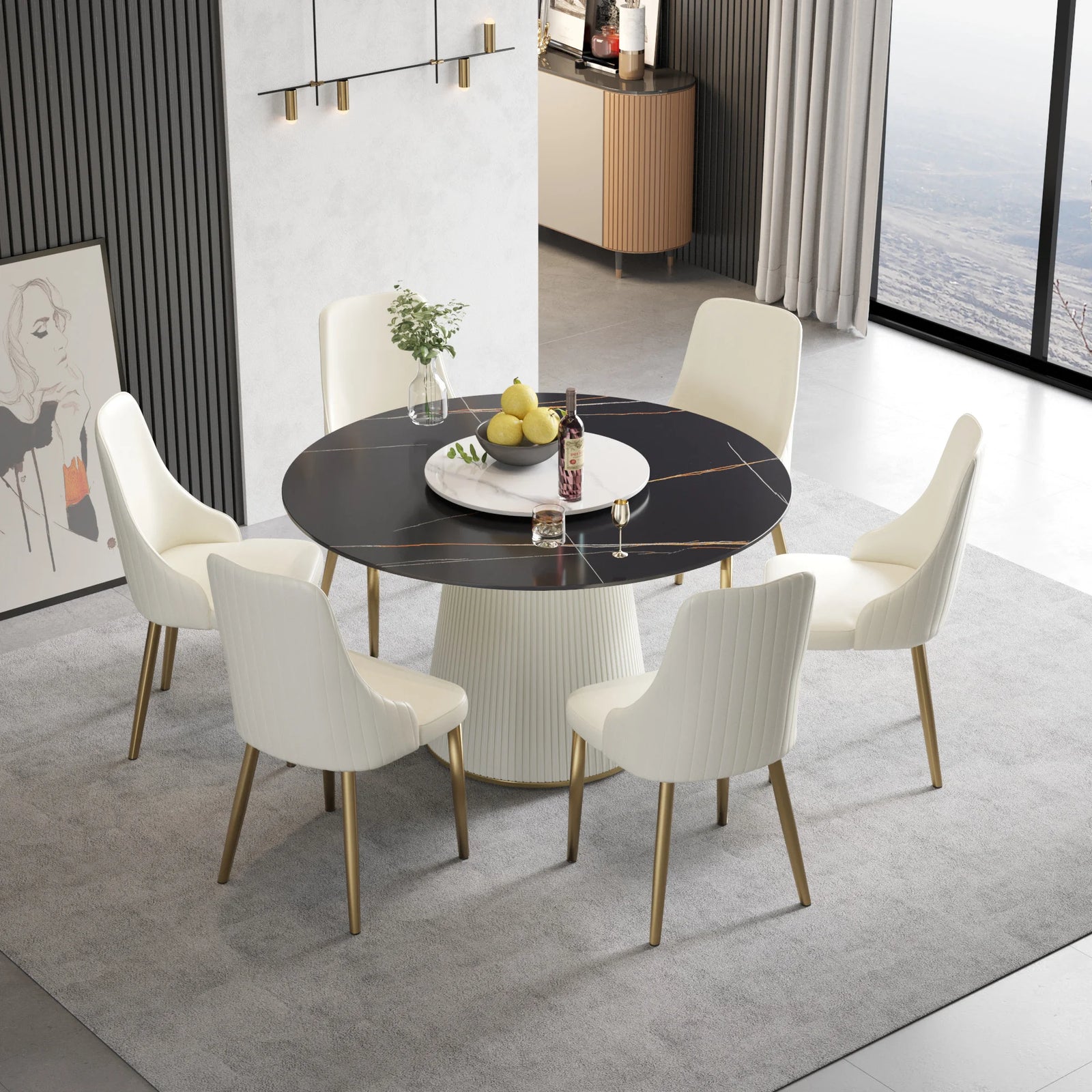 Mesa de comedor Marbella de piedra sinterizada | Redonda de 135 cm (53") en negro mate con plato giratorio Lazy Susan