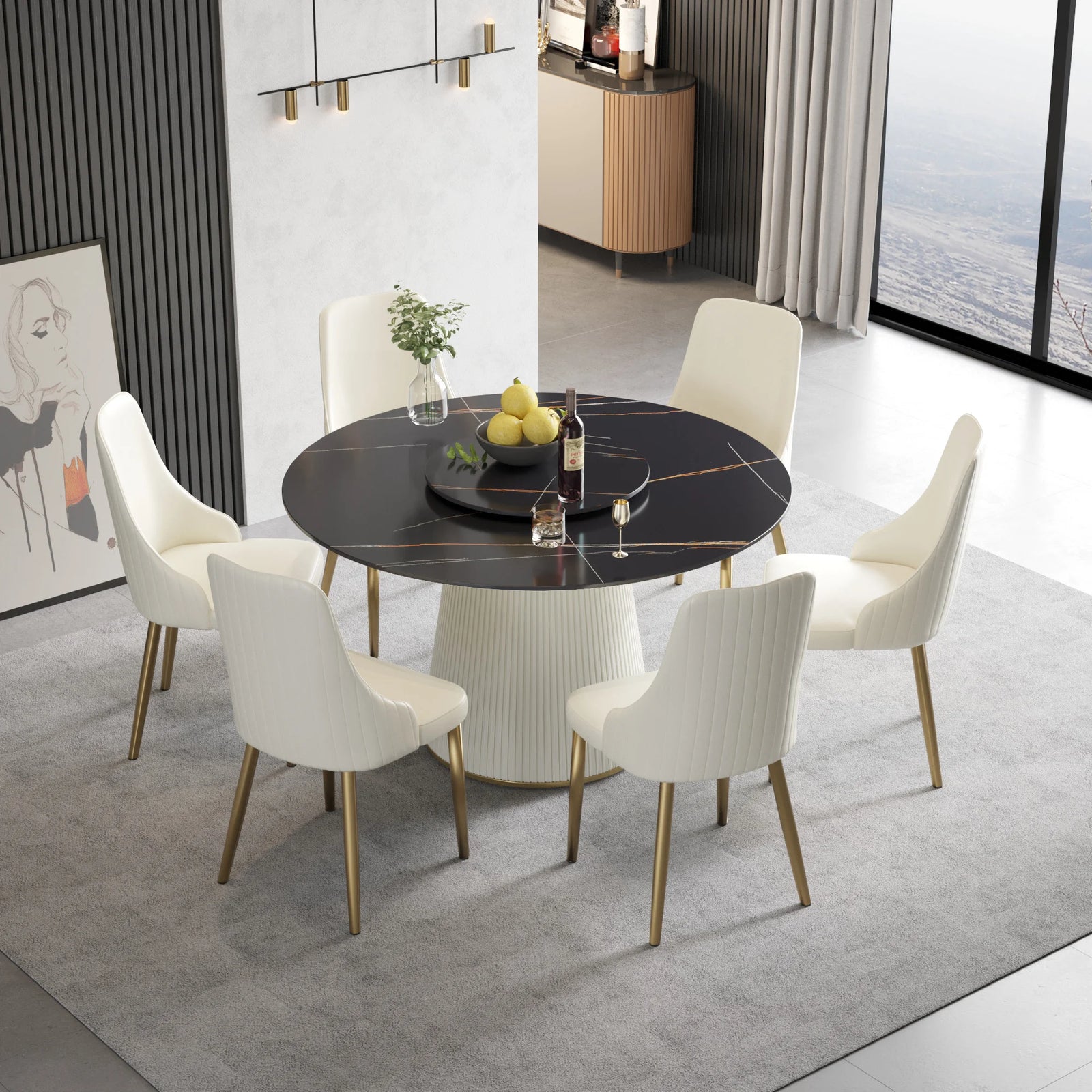 Marbella Sintered Stone Dining Table | 53" Matte Black Round With Lazy Susan Turntable