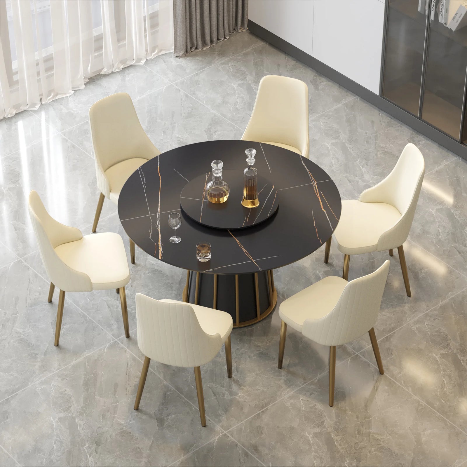 Mesa de comedor Marbella de piedra sinterizada | Redonda de 135 cm (53") en negro mate con plato giratorio Lazy Susan