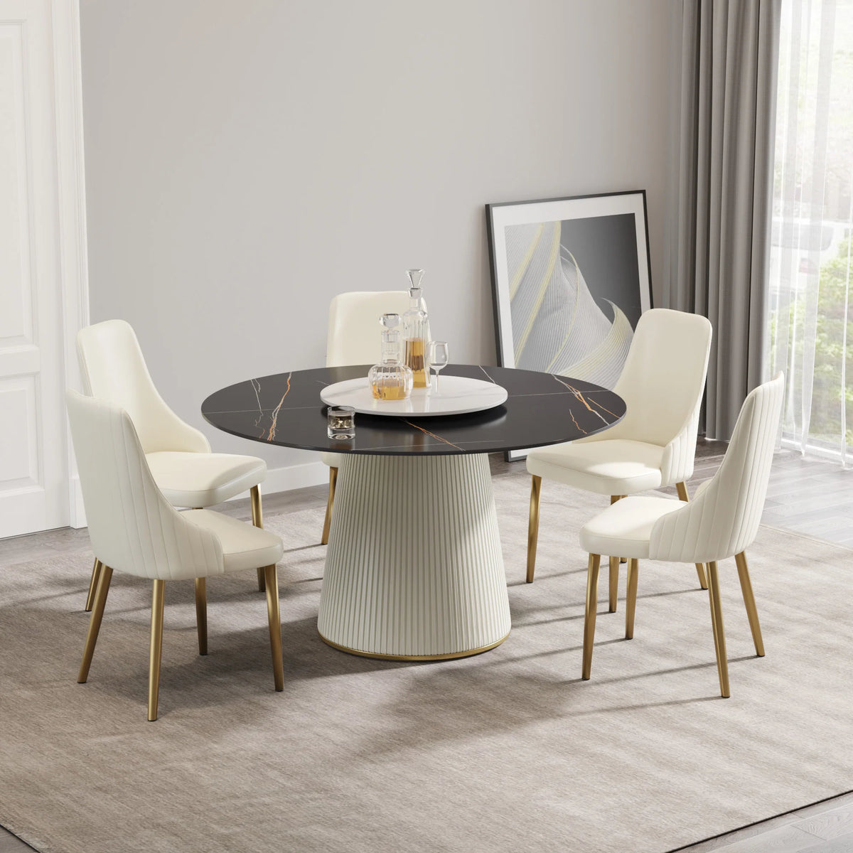 Marbella Sintered Stone Dining Table | 53" Matte Black Round With Lazy Susan Turntable