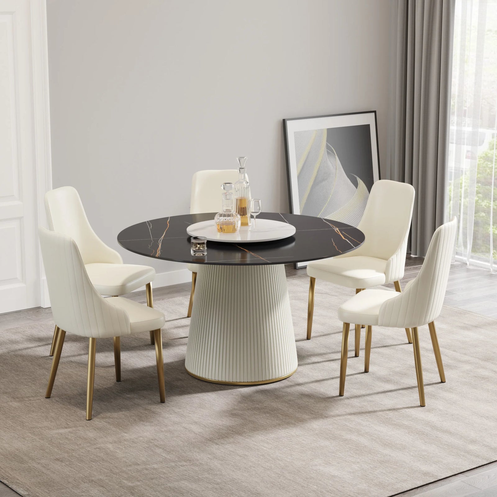 Mesa de comedor Marbella de piedra sinterizada | Redonda de 135 cm (53") en negro mate con plato giratorio Lazy Susan
