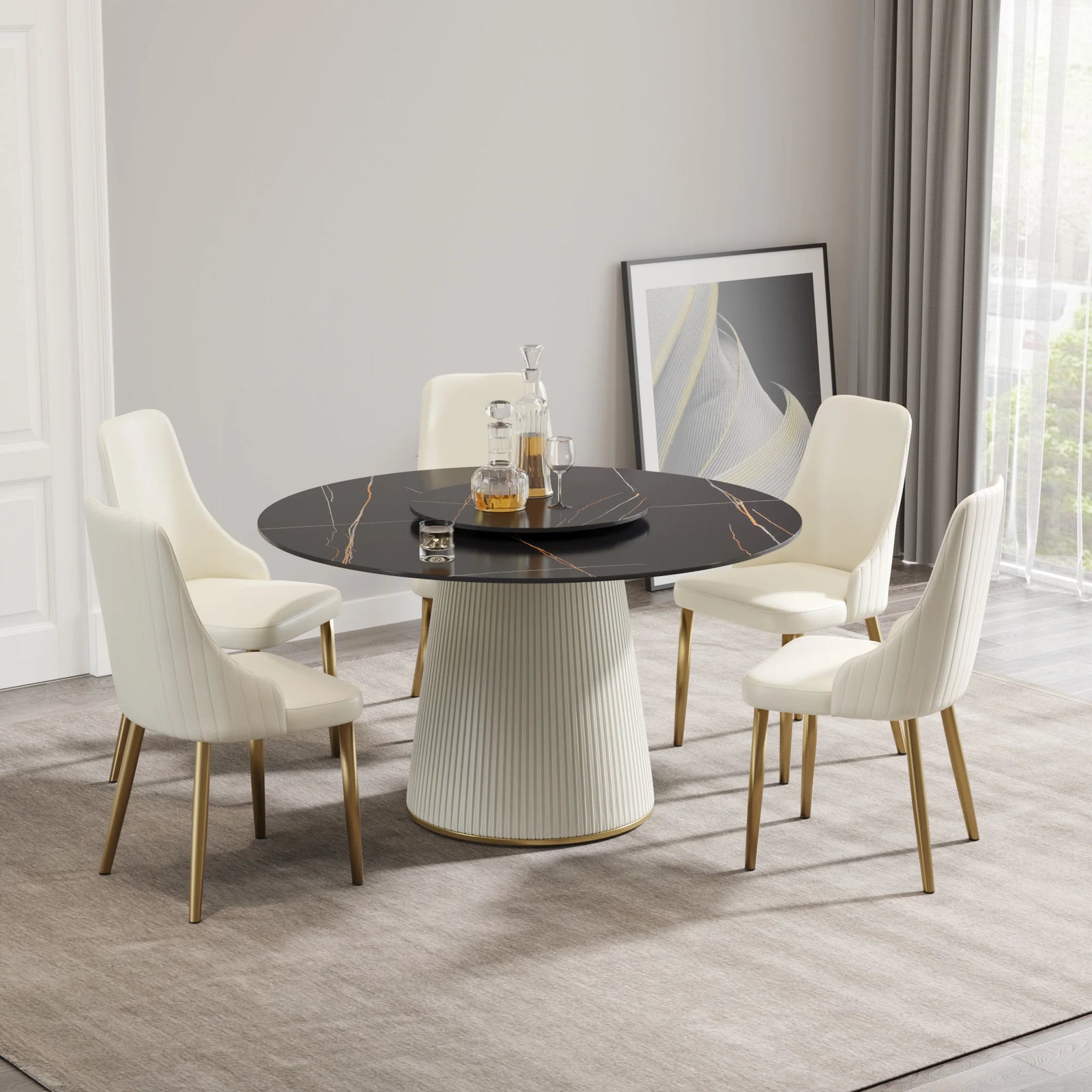 Marbella Sintered Stone Dining Table | 53" Matte Black Round With Lazy Susan Turntable
