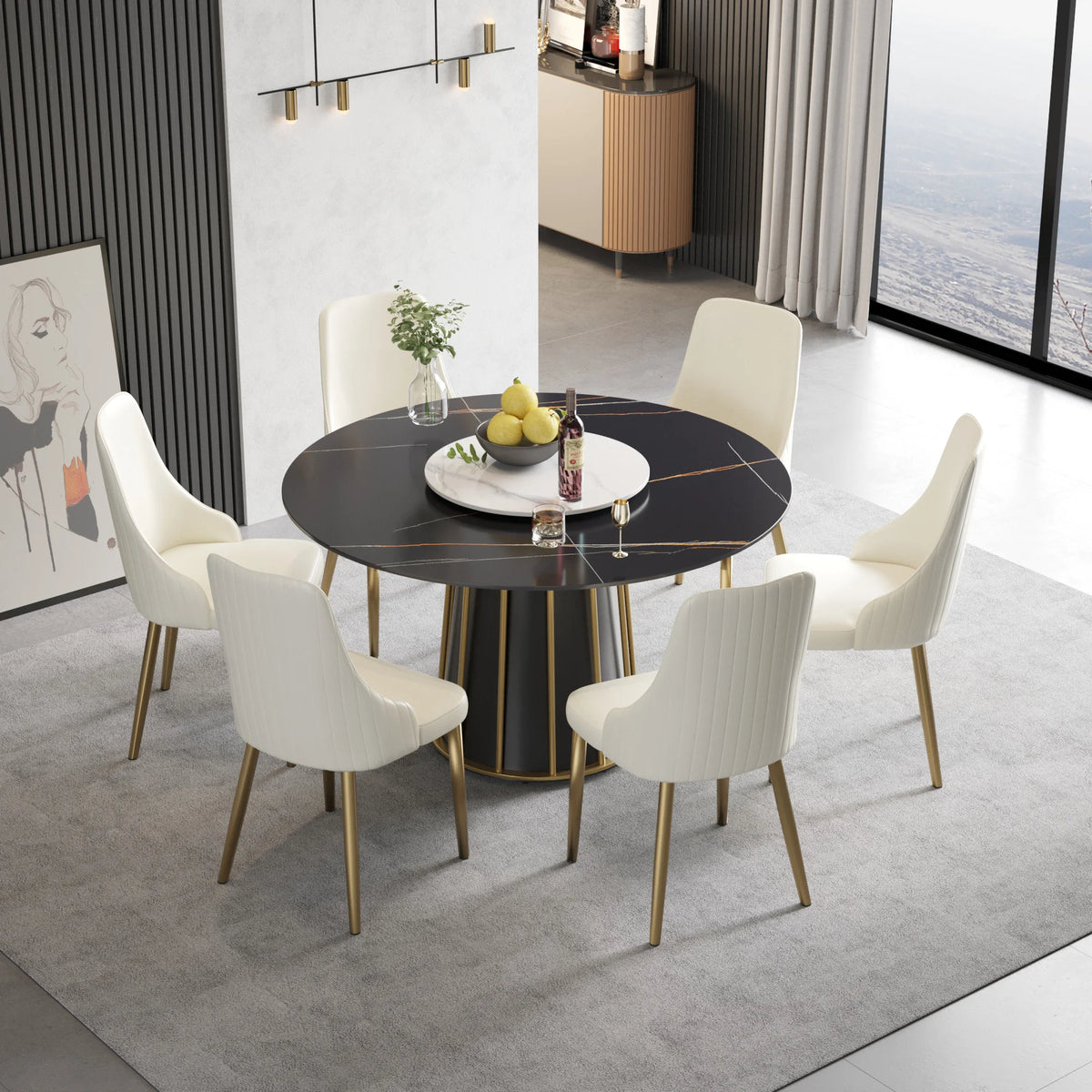 Mesa de comedor Marbella de piedra sinterizada | Redonda de 135 cm (53") en negro mate con plato giratorio Lazy Susan