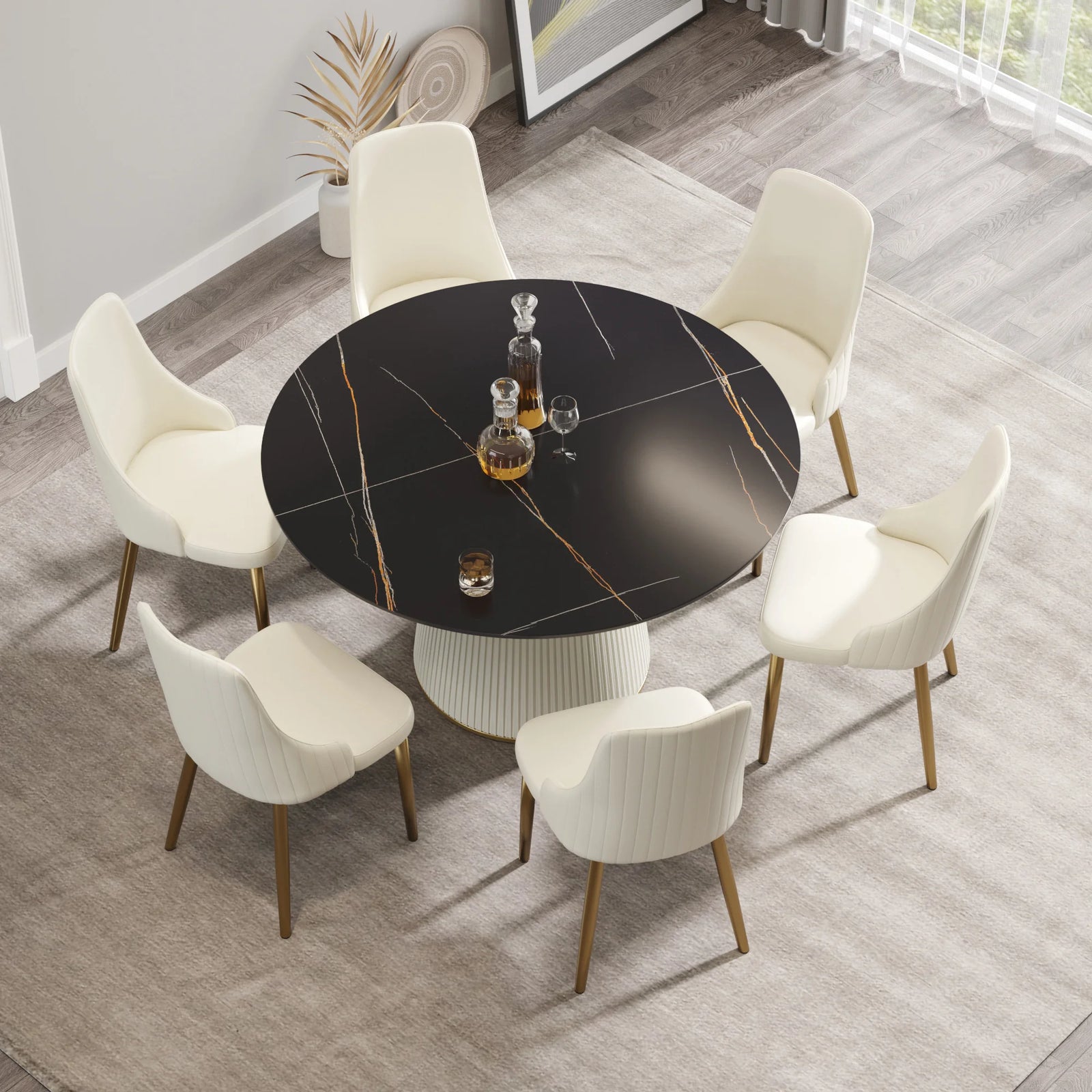 Mesa de comedor Marbella de piedra sinterizada | Redonda de 135 cm (53") en negro mate con base revestida de cuero
