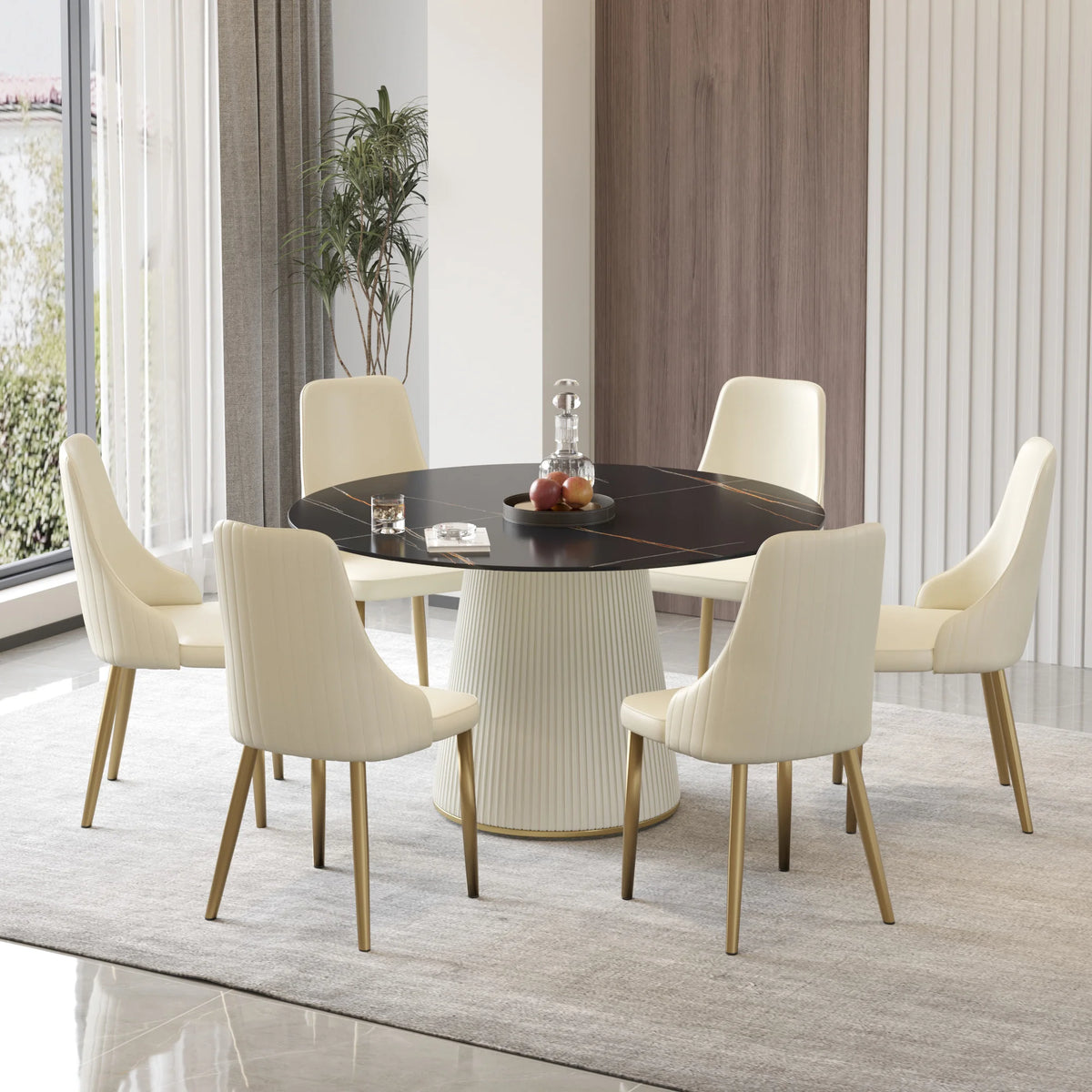 Mesa de comedor Marbella de piedra sinterizada | Redonda de 135 cm (53") en negro mate con base revestida de cuero