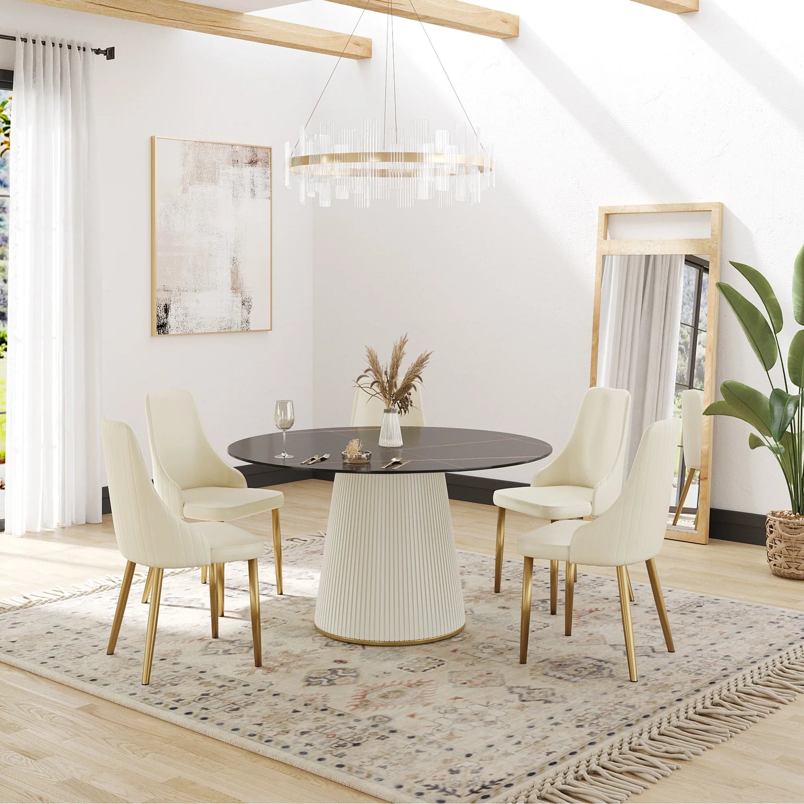 Mesa de comedor Marbella de piedra sinterizada | Redonda de 135 cm (53") en negro mate con base revestida de cuero