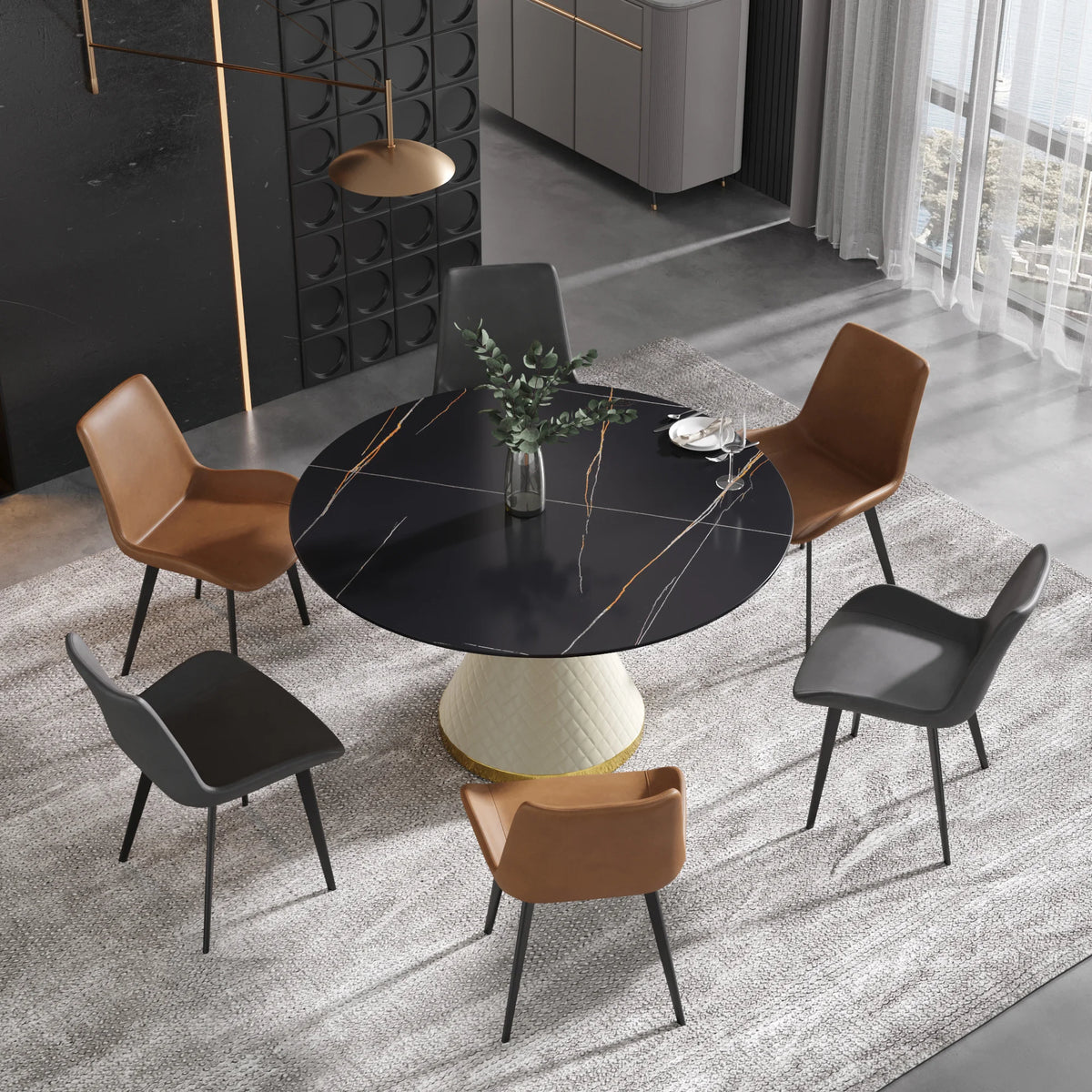 Mesa de comedor Marbella de piedra sinterizada | Redonda de 135 cm (53") en negro mate con base revestida de cuero