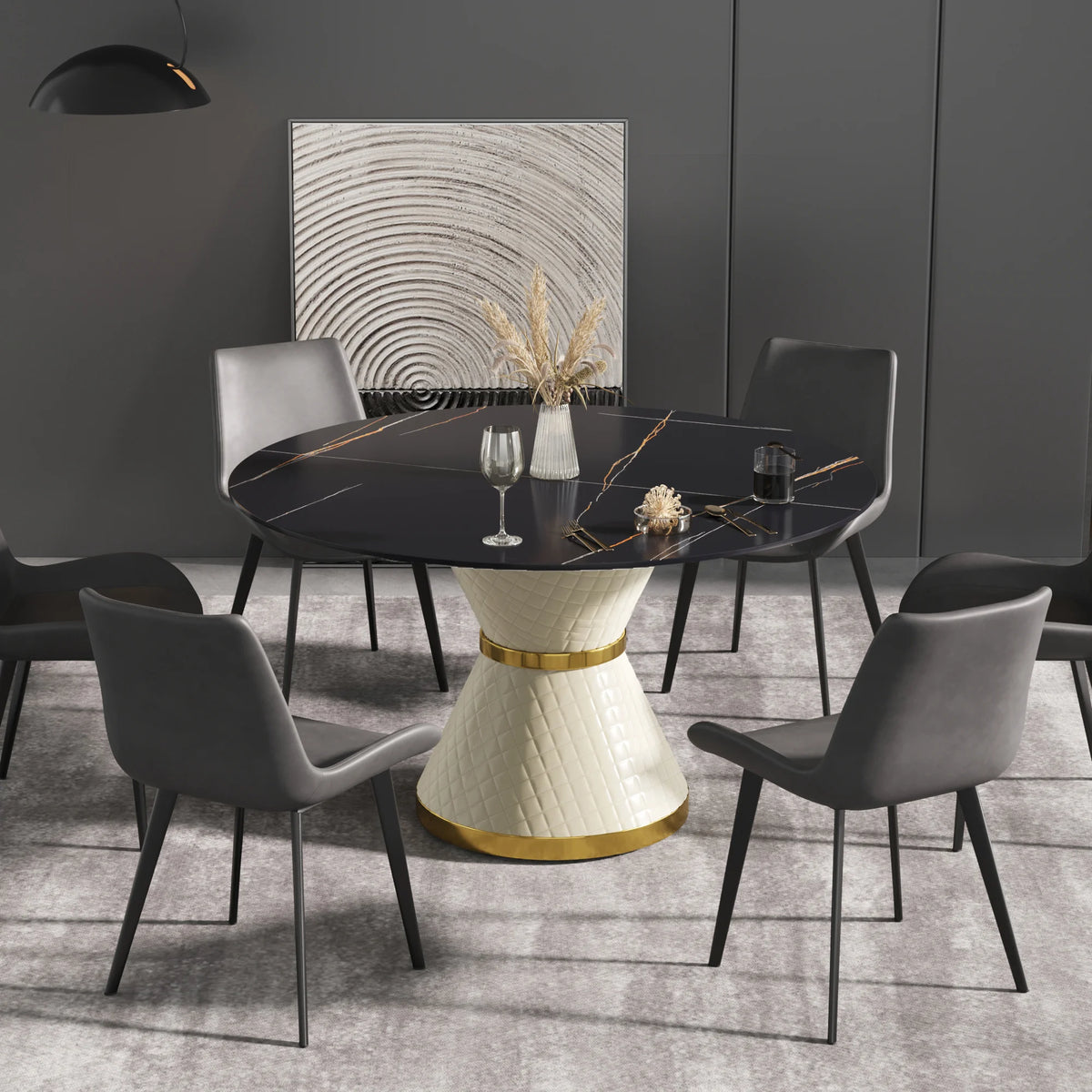 Mesa de comedor Marbella de piedra sinterizada | Redonda de 135 cm (53") en negro mate con base revestida de cuero