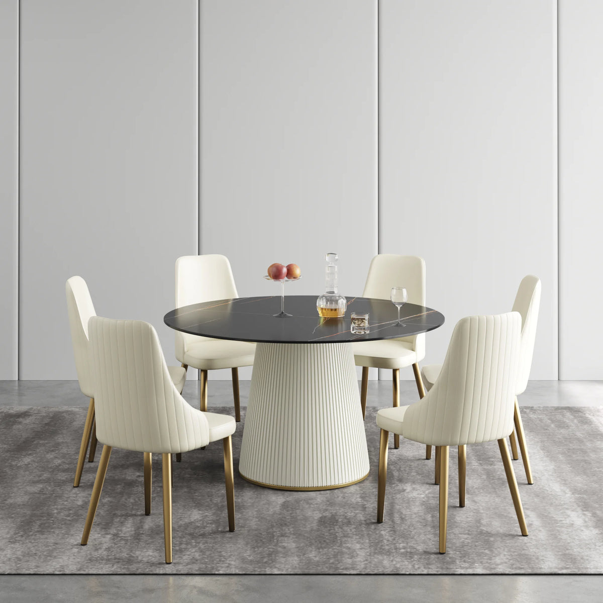 Mesa de comedor Marbella de piedra sinterizada | Redonda de 135 cm (53") en negro mate con base revestida de cuero