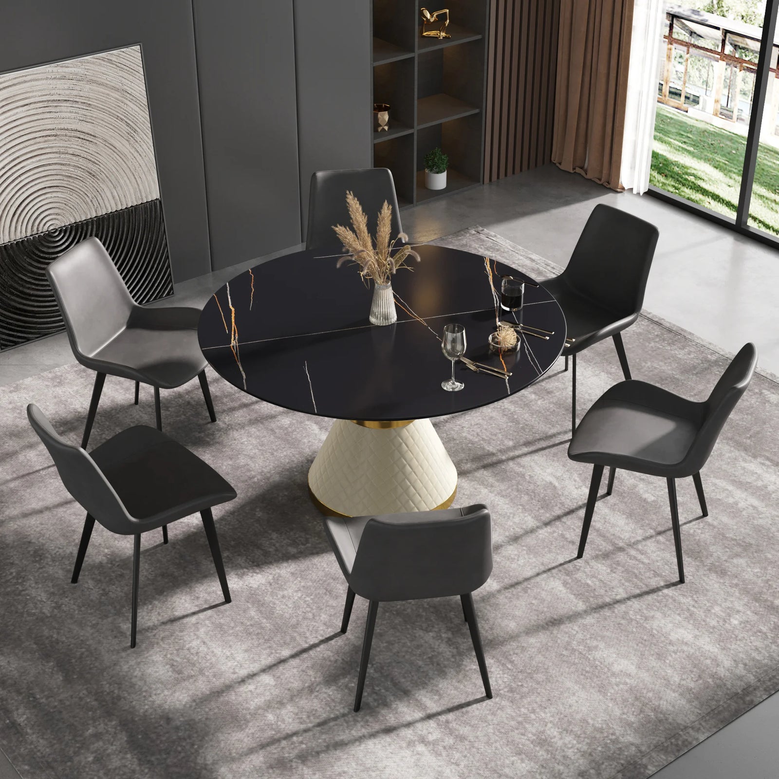 Mesa de comedor Marbella de piedra sinterizada | Redonda de 135 cm (53") en negro mate con base revestida de cuero