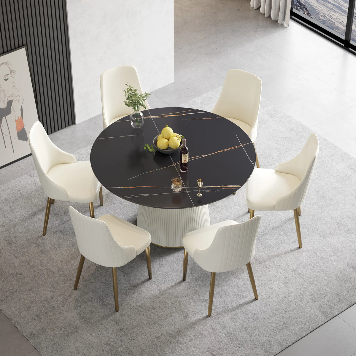 Mesa de comedor Marbella de piedra sinterizada | Redonda de 135 cm (53") en negro mate con base revestida de cuero