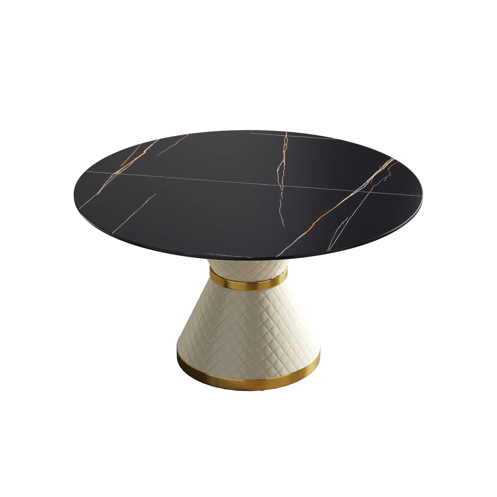 Mesa de comedor Marbella de piedra sinterizada | Redonda de 135 cm (53") en negro mate con base revestida de cuero