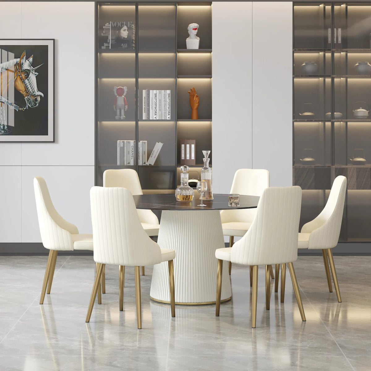 Mesa de comedor Marbella de piedra sinterizada | Redonda de 135 cm (53") en negro mate con base revestida de cuero
