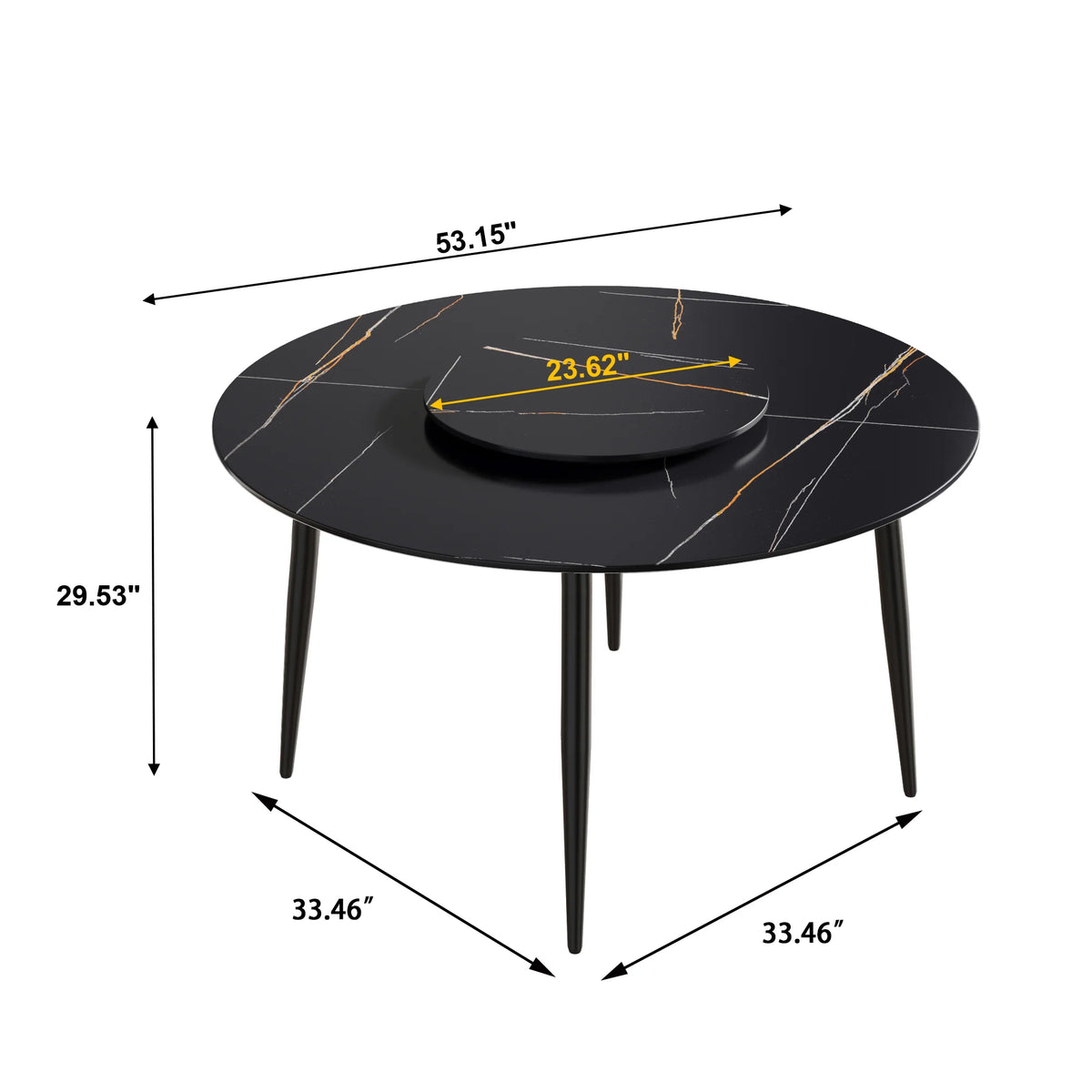 Mesa de comedor Marbella de piedra sinterizada | Redonda de 135 cm (53") en negro mate con base de metal y bandeja giratoria