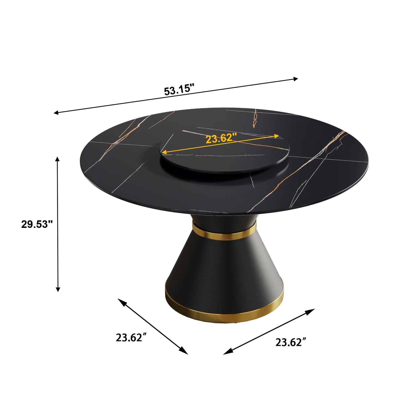 Mesa de comedor Marbella de piedra sinterizada | Redonda de 135 cm (53") en negro mate con base de metal y bandeja giratoria