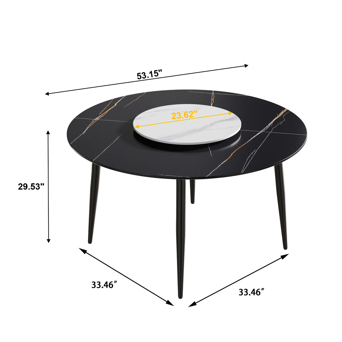 Mesa de comedor Marbella de piedra sinterizada | Redonda de 135 cm (53") en negro mate con base de metal y bandeja giratoria