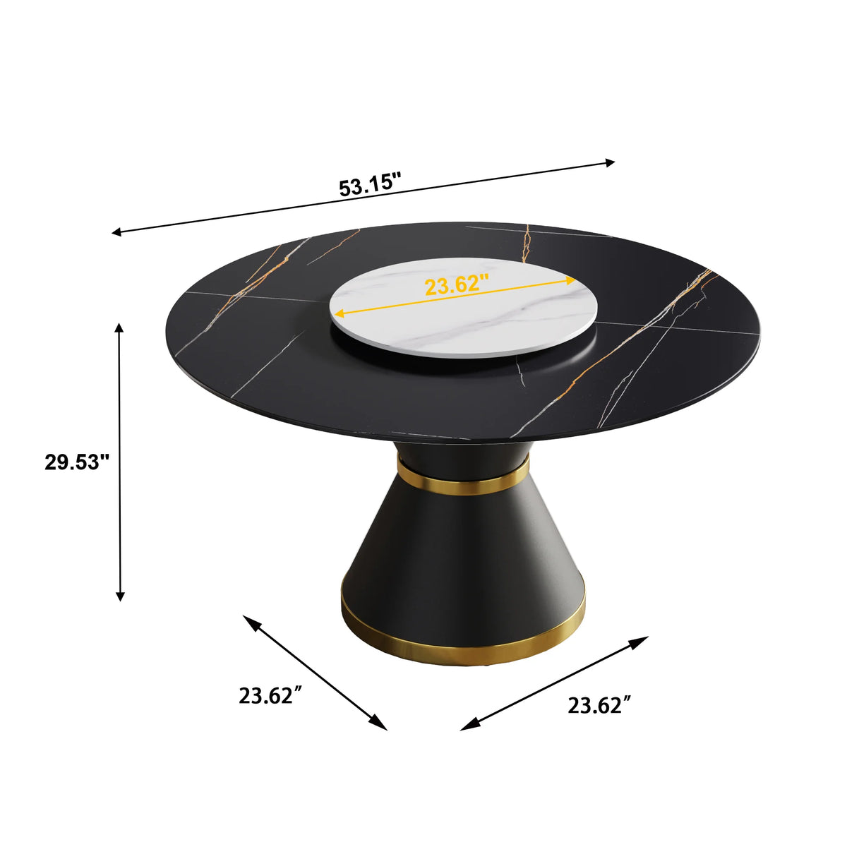 Mesa de comedor Marbella de piedra sinterizada | Redonda de 135 cm (53") en negro mate con base de metal y bandeja giratoria