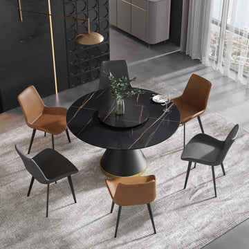 Mesa de comedor Marbella de piedra sinterizada | Redonda de 135 cm (53") en negro mate con base de metal y bandeja giratoria