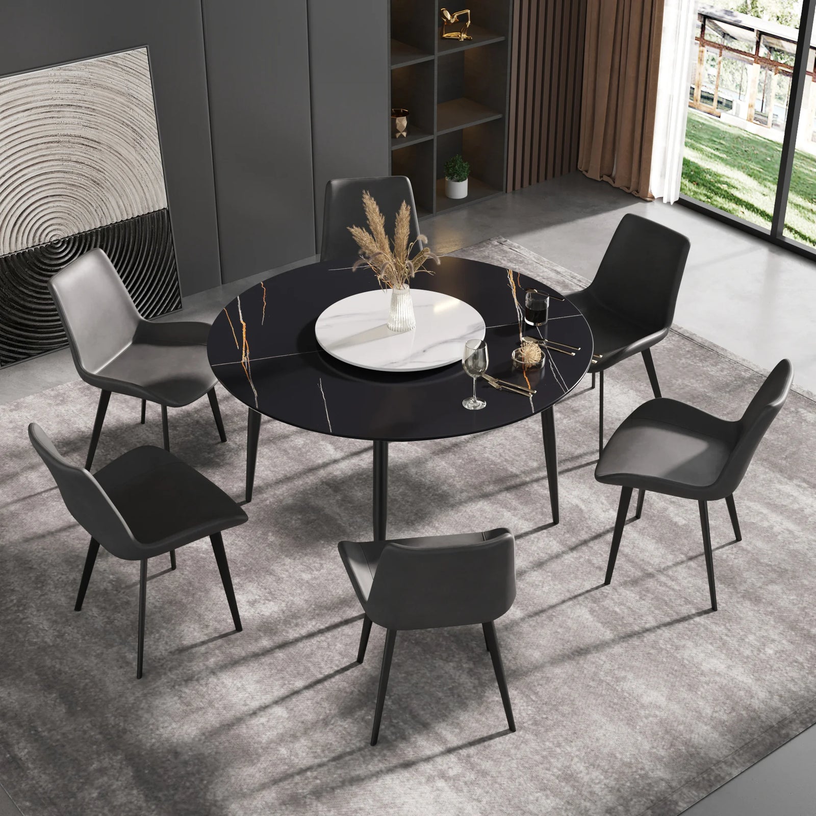 Mesa de comedor Marbella de piedra sinterizada | Redonda de 135 cm (53") en negro mate con base de metal y bandeja giratoria