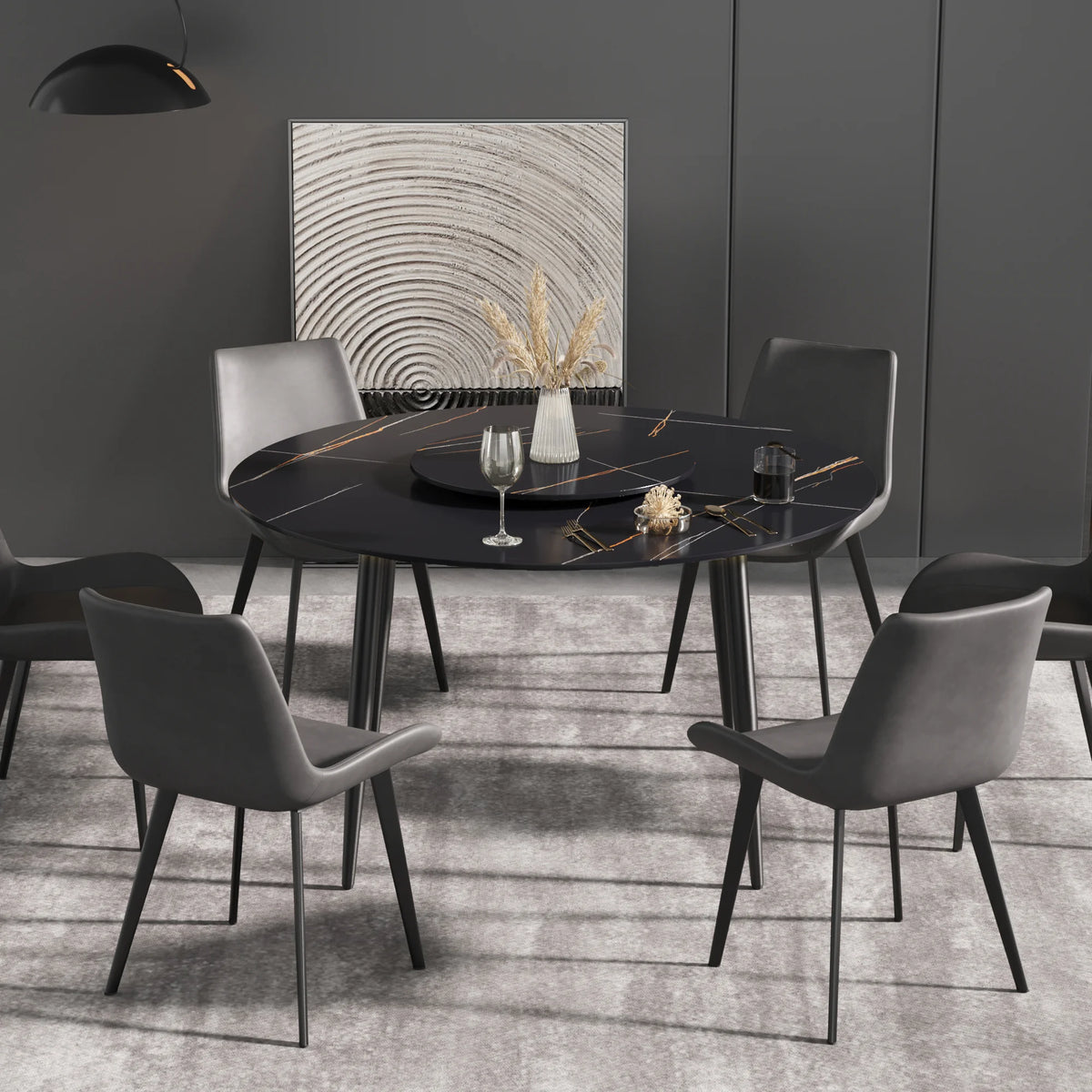 Marbella Sintered Stone Dining Table | 53" Matte Black Round With Metal Base & Lazy Susan