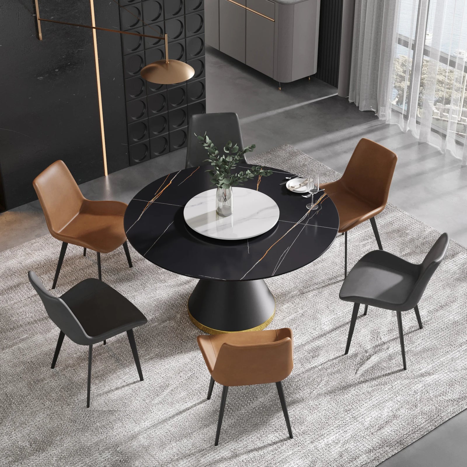 Mesa de comedor Marbella de piedra sinterizada | Redonda de 135 cm (53") en negro mate con base de metal y bandeja giratoria