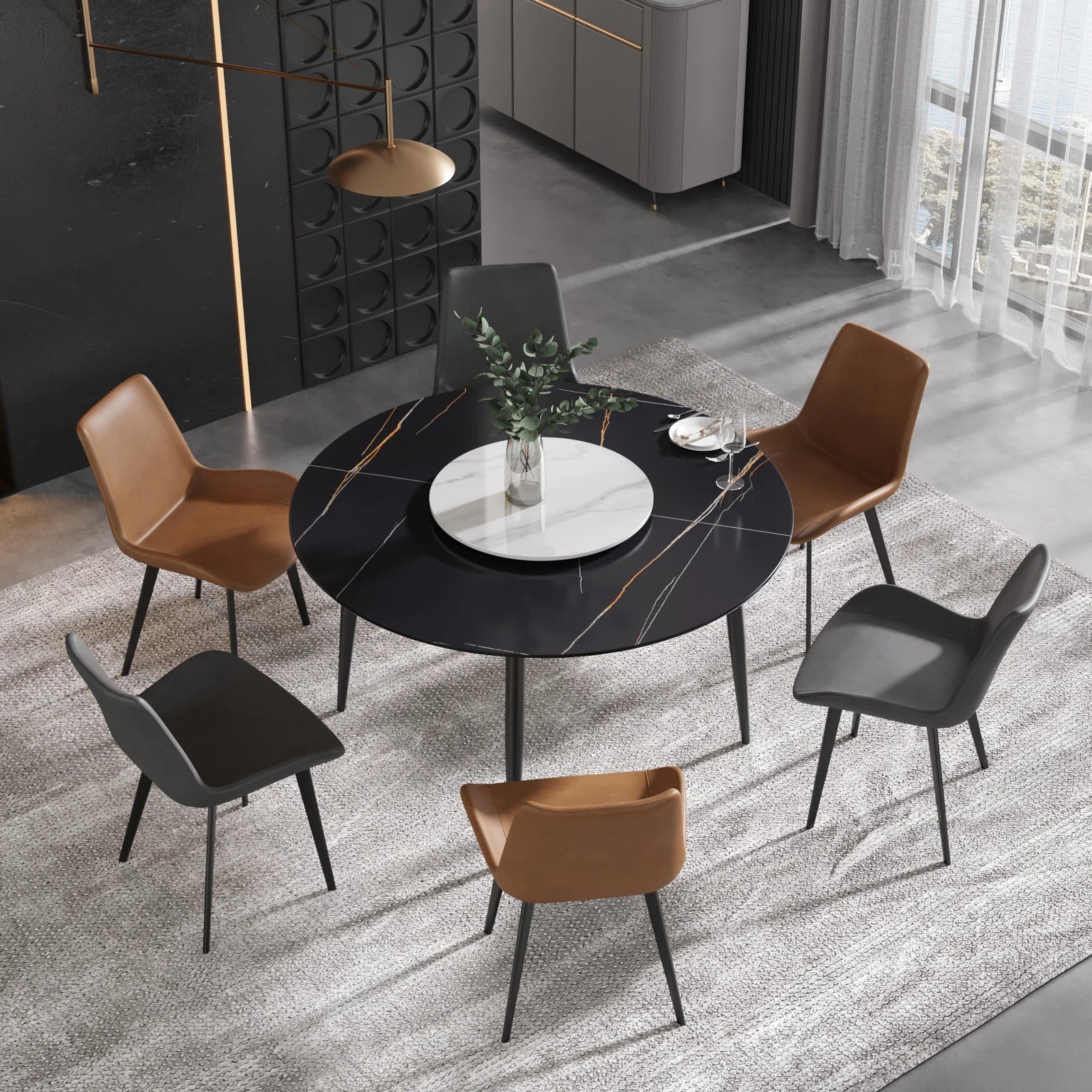Mesa de comedor Marbella de piedra sinterizada | Redonda de 135 cm (53") en negro mate con base de metal y bandeja giratoria