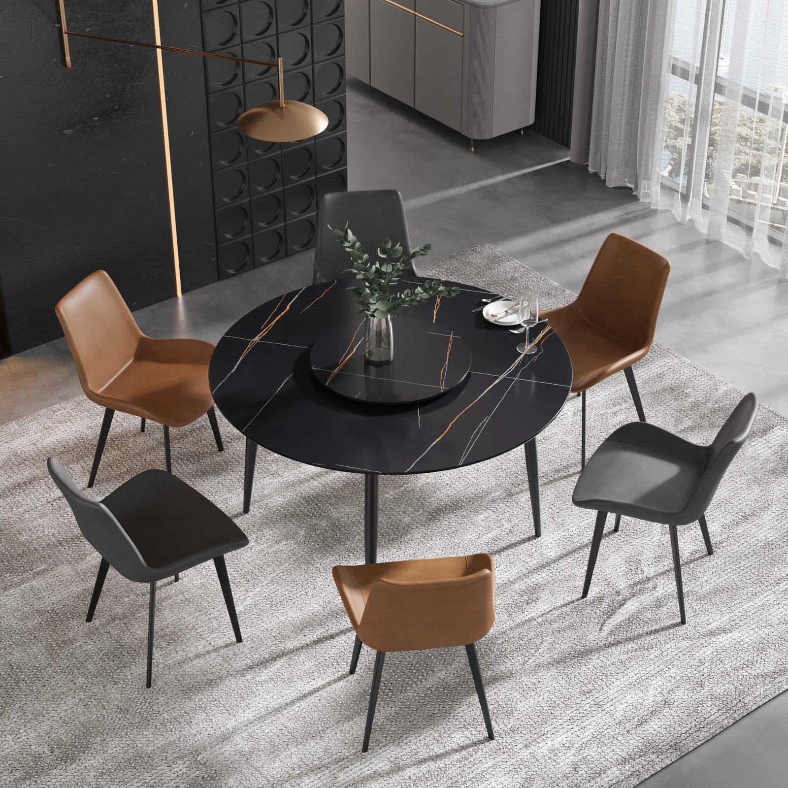 Mesa de comedor Marbella de piedra sinterizada | Redonda de 135 cm (53") en negro mate con base de metal y bandeja giratoria