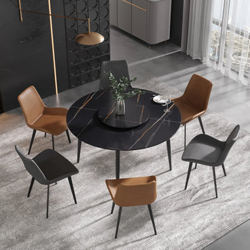Mesa de comedor Marbella de piedra sinterizada | Redonda de 135 cm (53") en negro mate con base de metal y bandeja giratoria