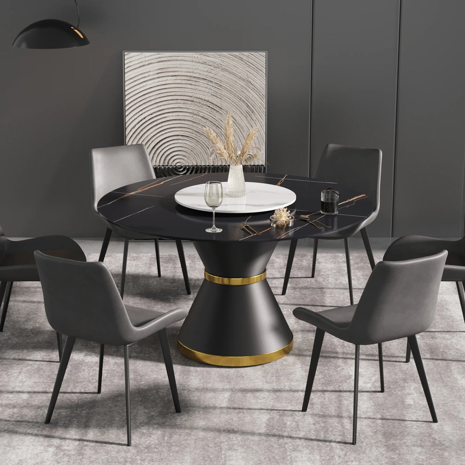 Mesa de comedor Marbella de piedra sinterizada | Redonda de 135 cm (53") en negro mate con base de metal y bandeja giratoria