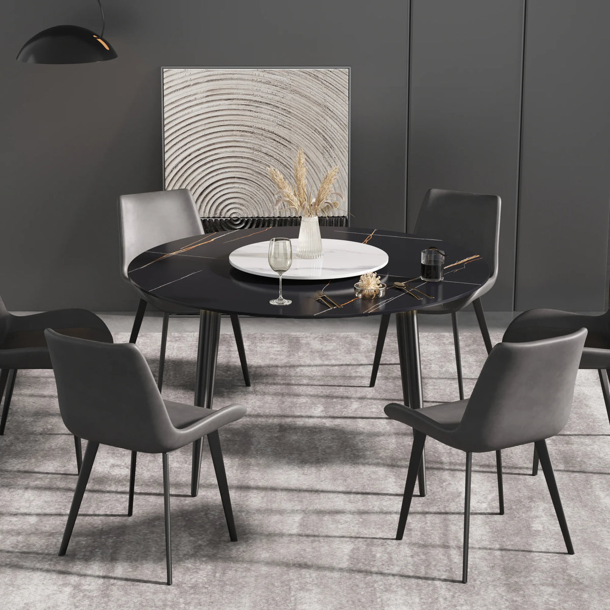 Mesa de comedor Marbella de piedra sinterizada | Redonda de 135 cm (53") en negro mate con base de metal y bandeja giratoria